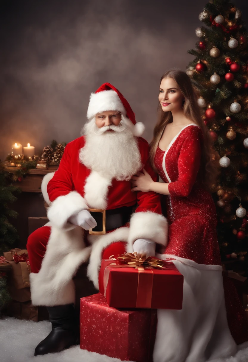 Santa Claus and beautiful Snow Maiden with gifts for Christmas