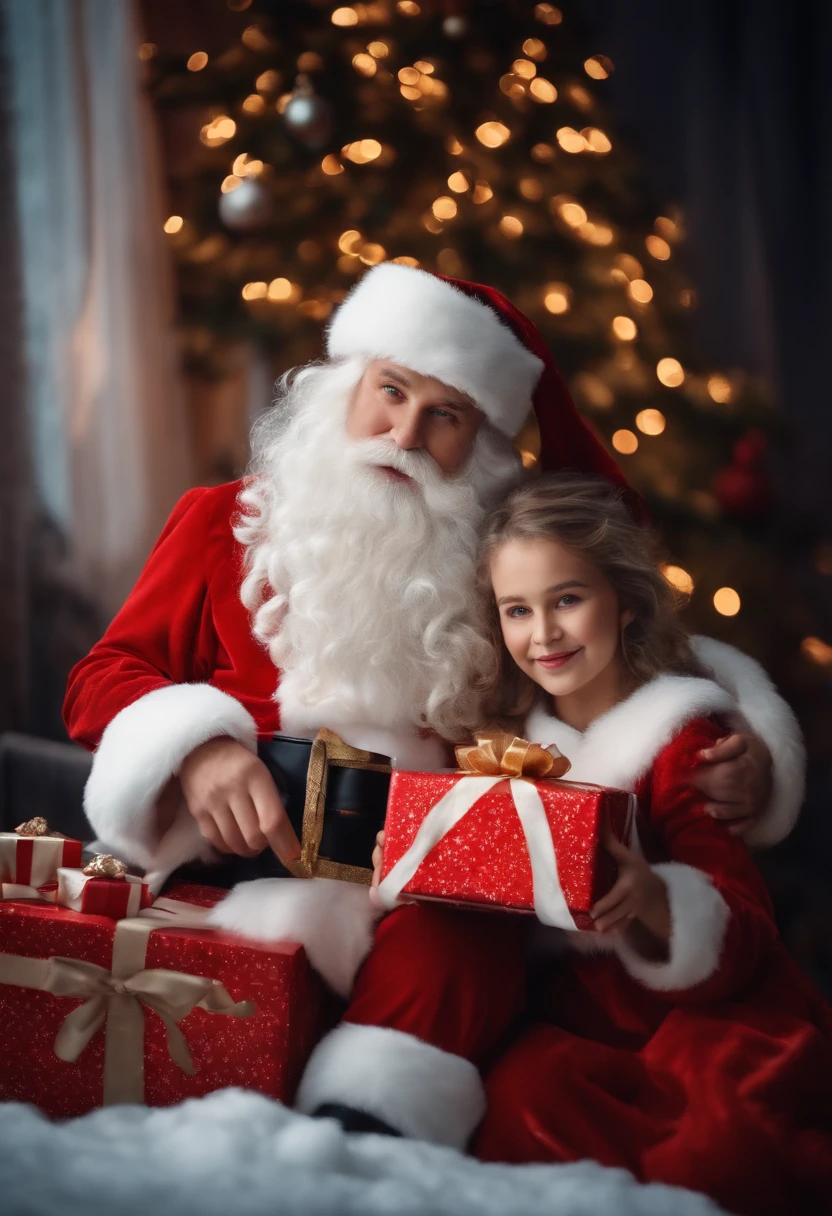 (Santa Claus grandpa and girl illustration:1.3), Realistic portrait, Amazing face and eyes, (Best Quality:1.4), (Ultra-detailed), (extremely detailed CG unified 8k wallpaper), Highly detailed, christmas night, wrapped in warm light, Smiling happily, Santa Claus brought many presents., White wallpaper, fireplace, Christmas, Christmas Ornaments, Christmas tree, happiest time, Highest image quality, Top resolution, depth of fields,