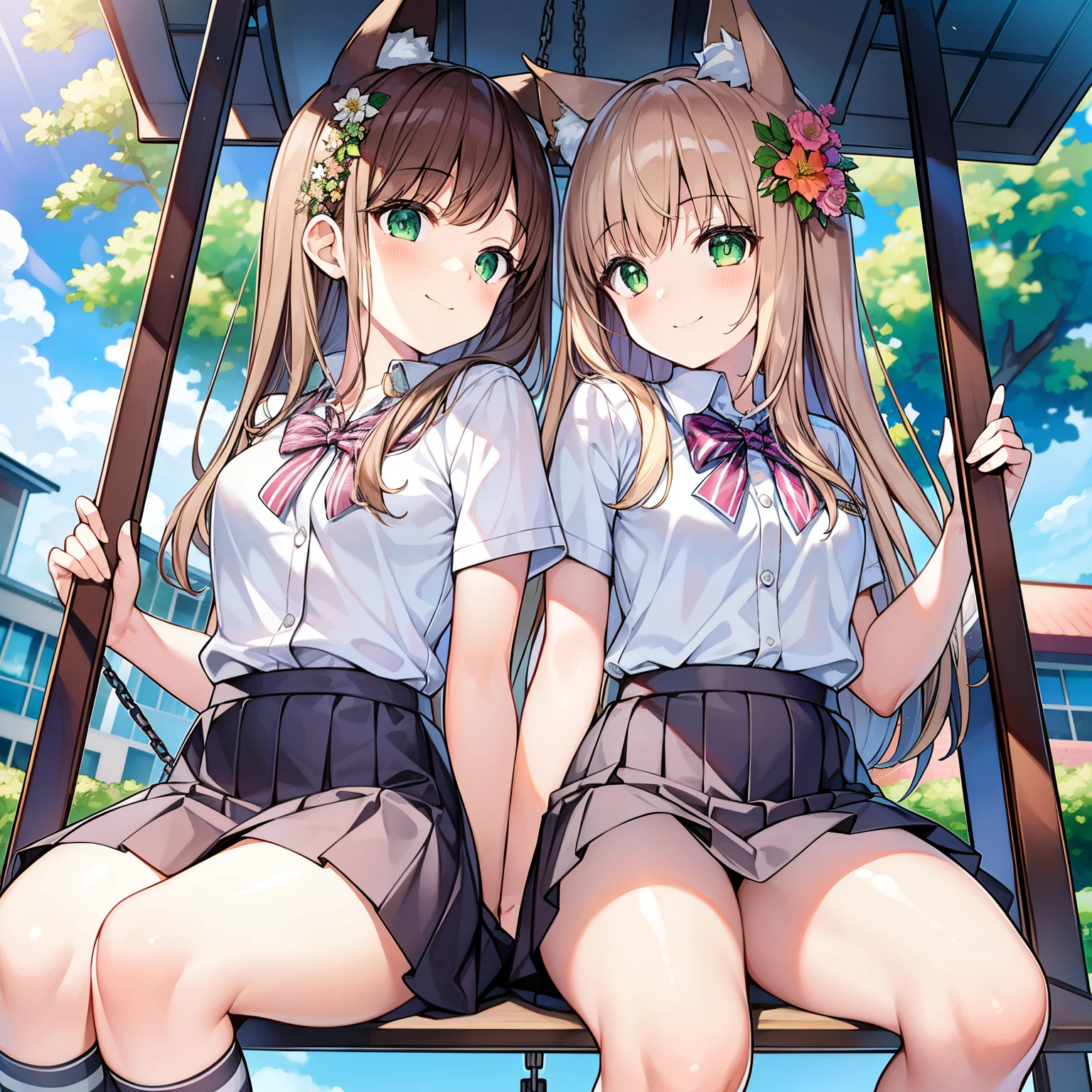 tmasterpiece, Best quality, A high resolution), 1 girl, Alone, Oversized fox tail,Long brown hair,Green-eyed,Small flower headdress, (-yeld juschool student),modernnecture,A MILF,at park_sitting on a swing,After school in the afternoon,summer student uniform,ssmile,Middle distance face-to-face perspective,