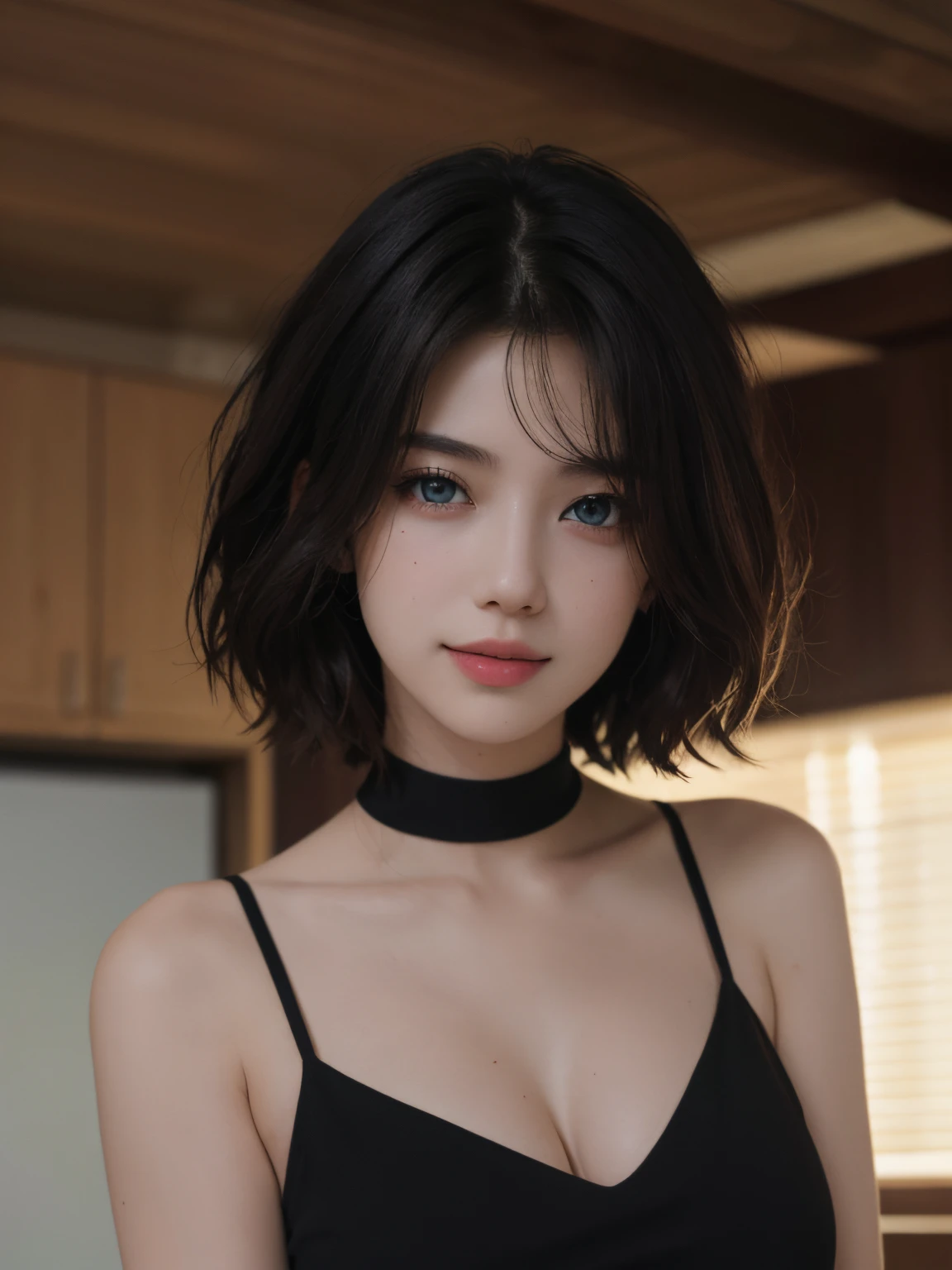 best qualtiy， tmasterpiece， 超高分辨率， （realisticlying：1.5）， RAW photogr， 1girll， bshoulders， in the darkness nigth， deep shading， low tune， cold light， Sexy look， short detailed hair，blue eyes，A brown-haired，Low-cut black T-shirt，Long black dress with high slit slit，Large breasts，Graceful figure，A thousand flavors，Sideways to face the camera，There is light in the eyes，Smile and gaze