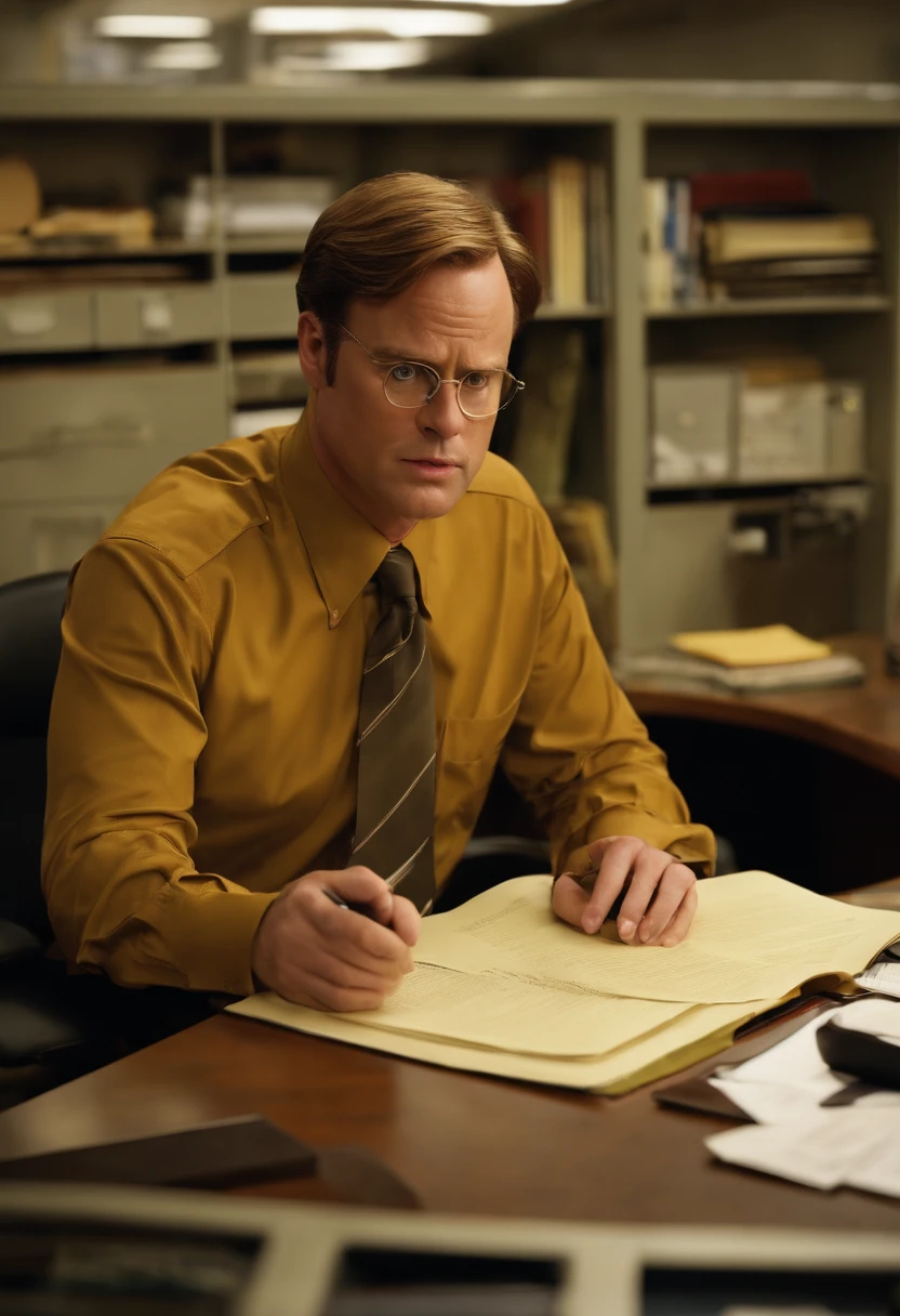 A photo of Dwight meticulously organizing his desk with military precision.,The Office,Dwight Schrute, another character from “The Office,” is known for his distinct, somewhat antiquated appearance: a stern expression, a rigid, formal posture, and usually dressed in a mustard-colored shirt and dark tie. His hairstyle is severe and practical, matching his no-nonsense attitude.
