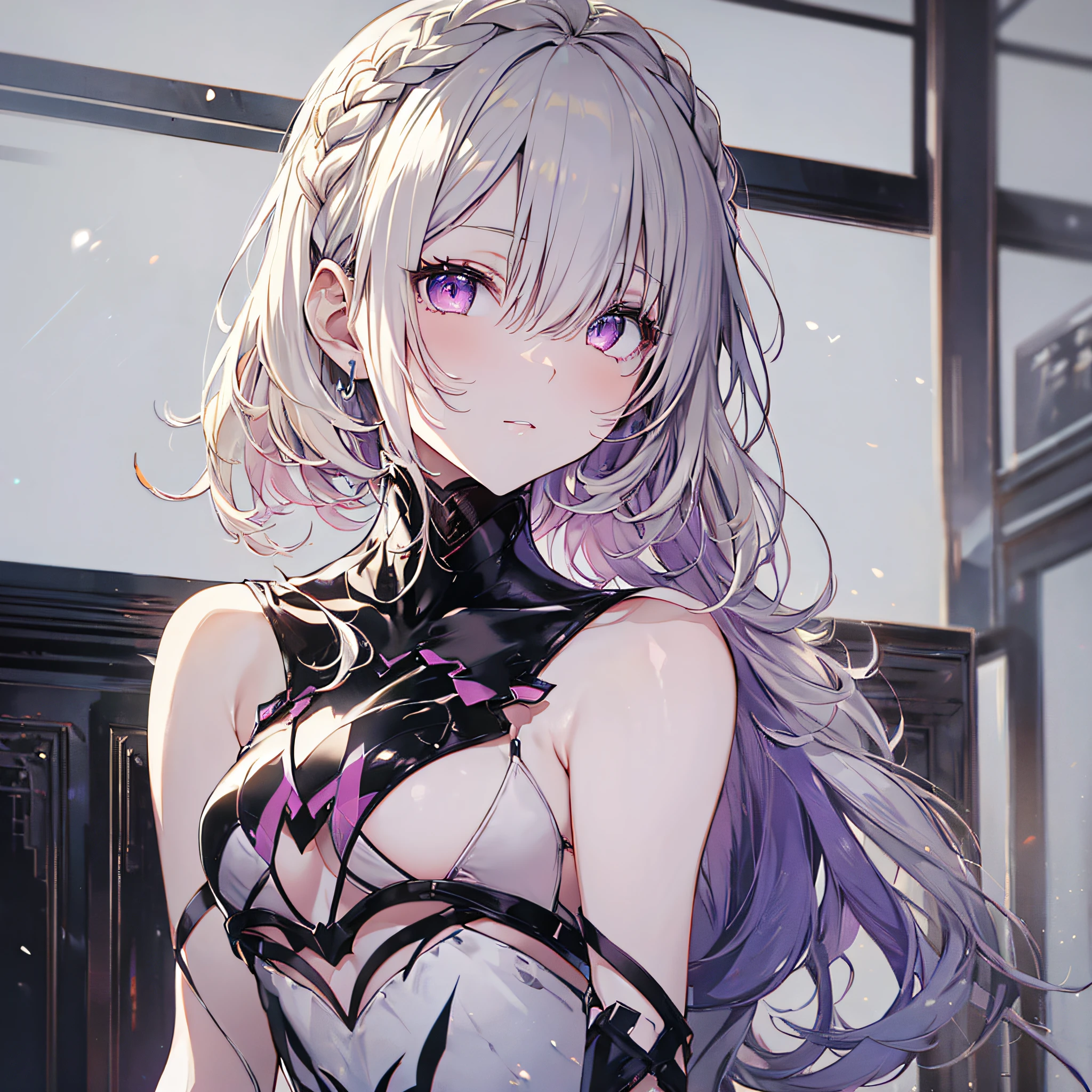 1 girl in, Purple hair color、Purplish pink eyes that dreamers desire, (Blonde hair) , small stature, Colossal tits, Lori, (masutepiece:1.2, Best Quality), (finely detailed beautiful eye: 1.2), (beautifull detailed face), (Best Illumination, extremely delicate and beautiful), ((Cinematic Light)), Dramatic light, (Pale white background:1.5), Short bob hair（1:3）、Ultra Contrast、Braid a little around the ears, 鎖骨, White long dress、Perfect Finger、perfecthand、only has 5 fingers