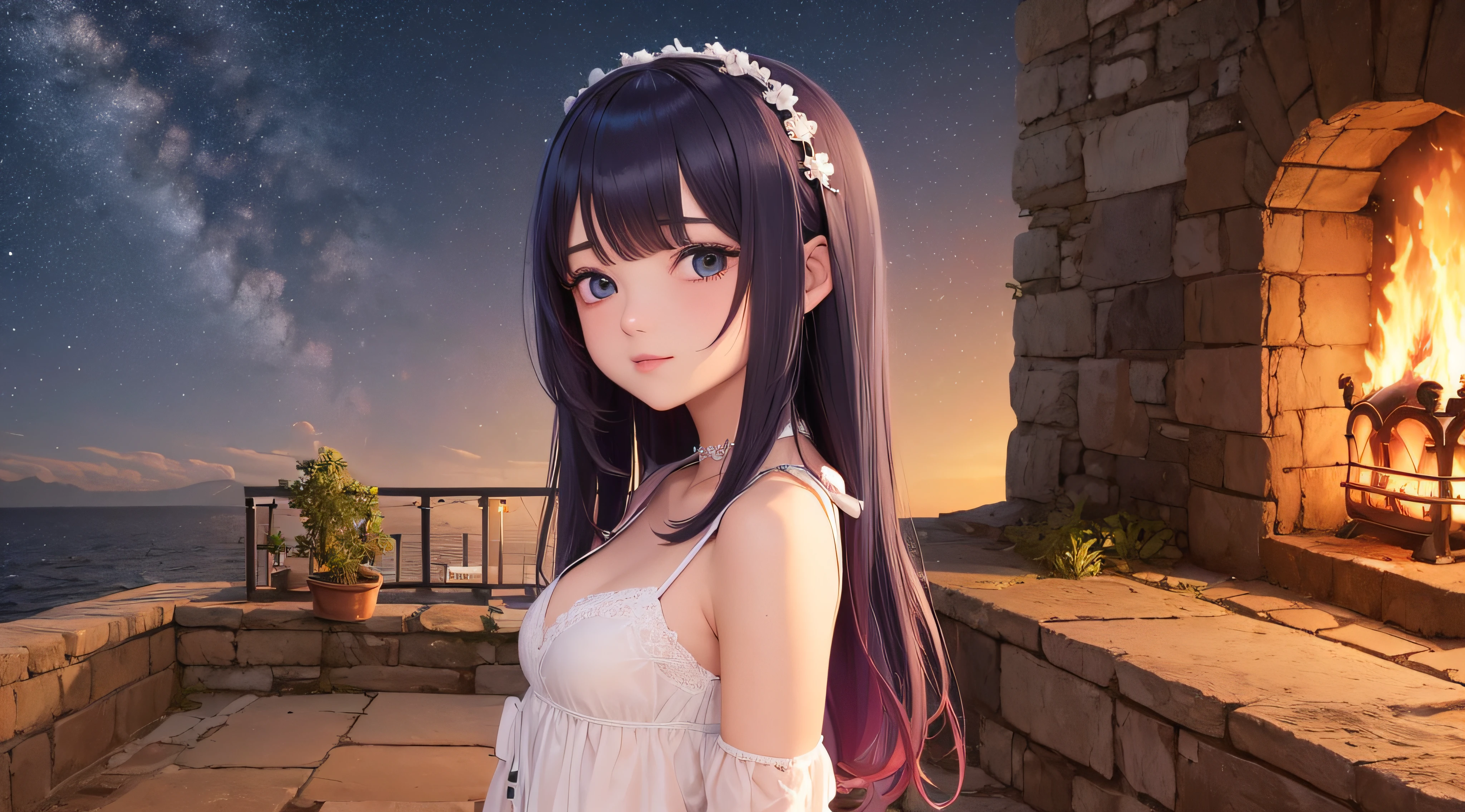(obra prima) (perfection) (ultrarrealista) (sem defeitos) menina de anime com chifres, inferno, fogo, noite, sensual
