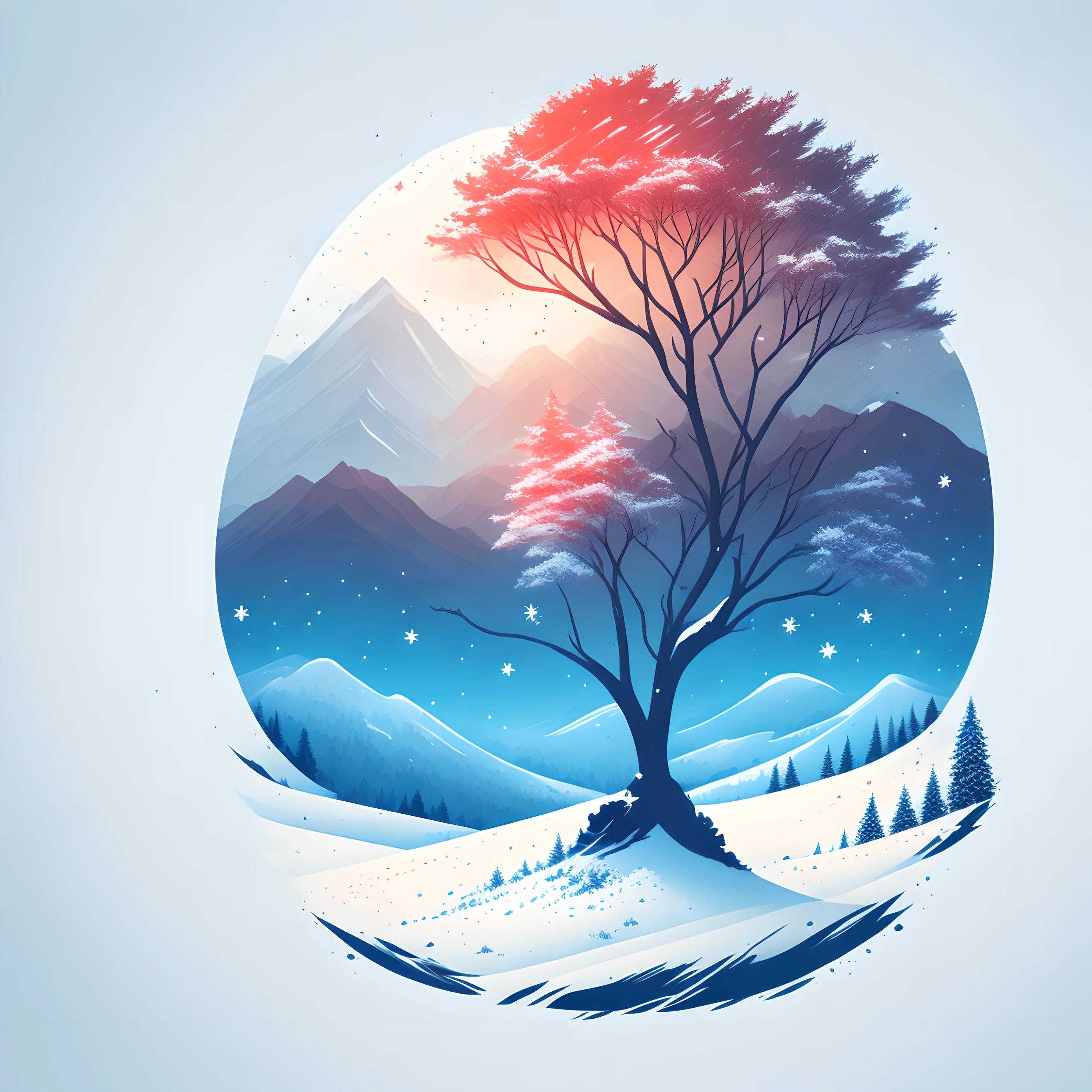 a spruice tree in a winter landscape, tshirt design, midijourney, vector-art