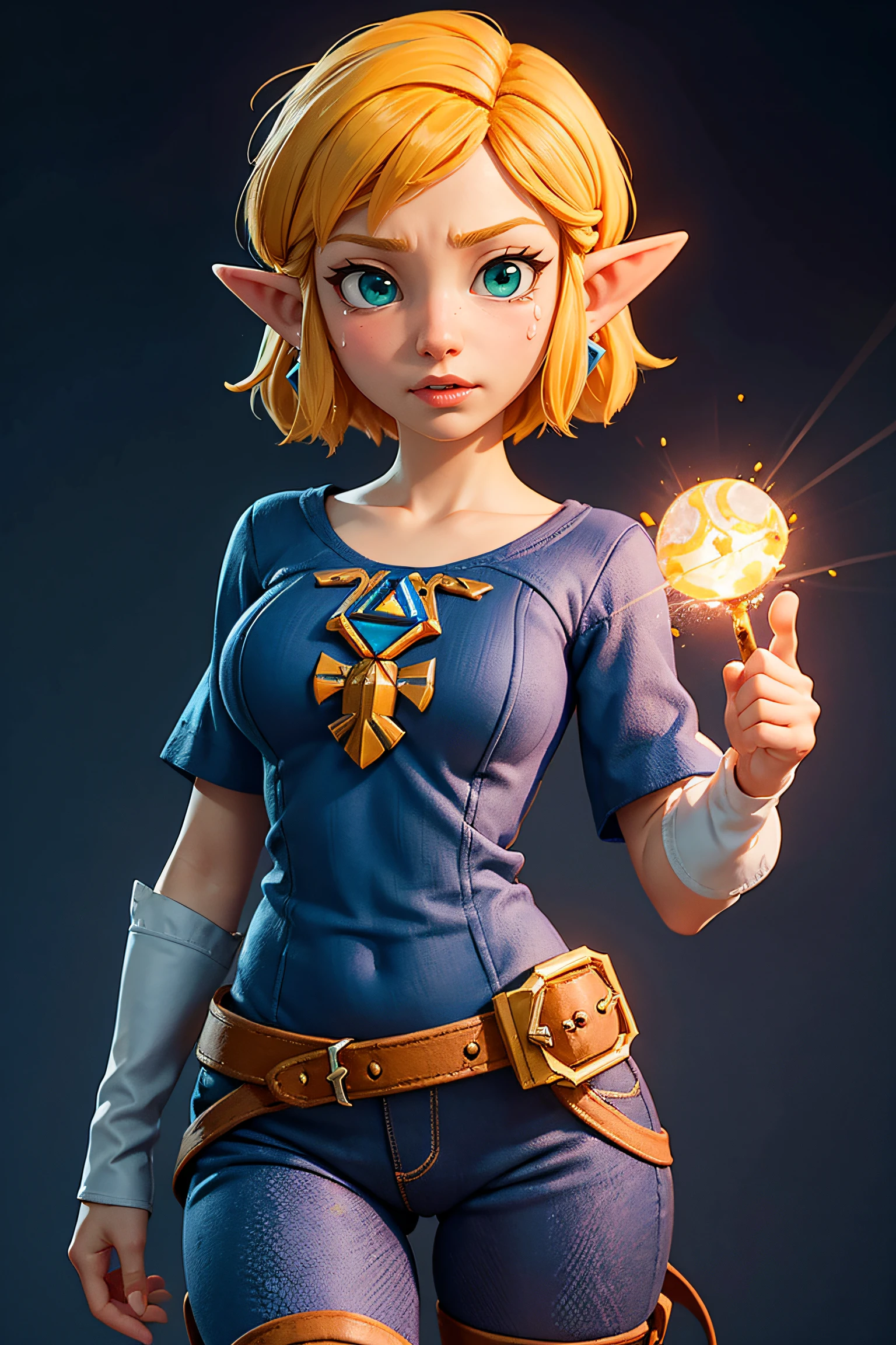 Princess Zelda, 1个Giant Breast Girl, artist request, obi strip, Blonde hair, Blue shirt, nerds, boots, face expressionless, full bodyesbian, green-eyed, A high resolution, looking at viewert, magia, Nintendo, trouser, pointy ears, The shirt, short detailed hair, simple backgound, Alone, Legend of Zelda, Legend of Zelda: Breath of the wild, Legend of Zelda: kingdom of tears, flower made of light, magia