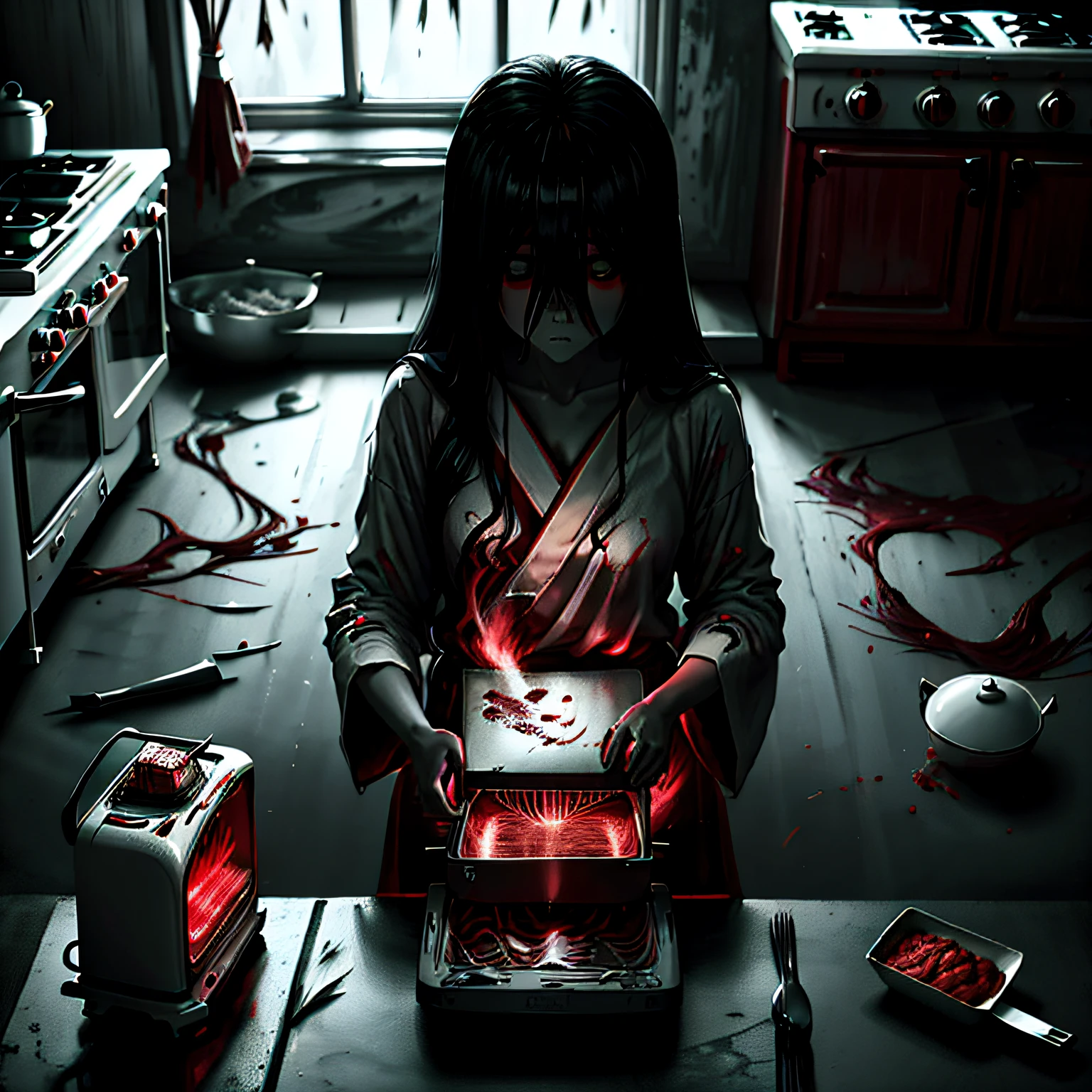 1girl, Sadako in white kimono, straight black long hair, (Sadako holds a toaster oven and looks up at viewer), (drawn in black and white except for red: 1.3), kitchen decorated with saws and machetes and hammers, nice kitchen with red paint splattered on the walls, a dimly lit kitchen that feels like a ghost might appear, a nifty kitchen with red painted shirts on the floor, Japanese old kitchen, volumetric fog:1.3