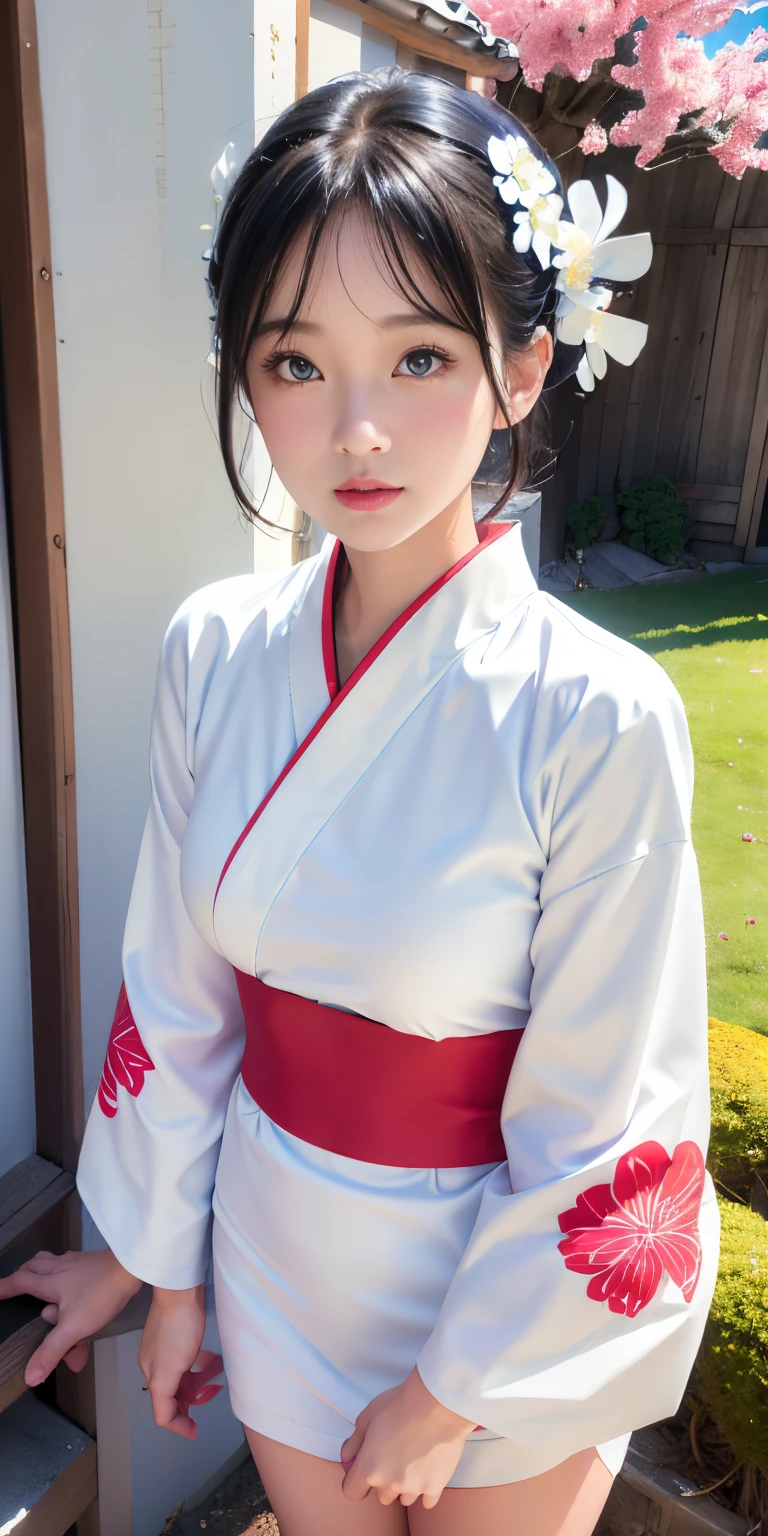 (Light blue kimono:1.2)、(Komono:1.2)、(Bright floral pattern)、(long-sleeve)、1 girl、full body Esbian、(short-haired)、(reallistic:1.7)、((Top image quality))、absurderes、(超A high resolution)、(Photorealsitic:1.6)、Photorealsitic、octane renderings、(hyper realisitic:1.2)、(photorealiscic face:1.2)、(8K)、(4K)、(​masterpiece)、(realistic skin textures)、(illustratio、Cinematographic lighting、wall-paper)、(beautidful eyes:1.2)、((((face perfect))))、(cute little)、(is standing)、red-lips、outside of house、(Japanese Style Country)、Detailed cute face、Realistic Beauty、Light in the eyes、Looking at the camera、placket、Dimples
