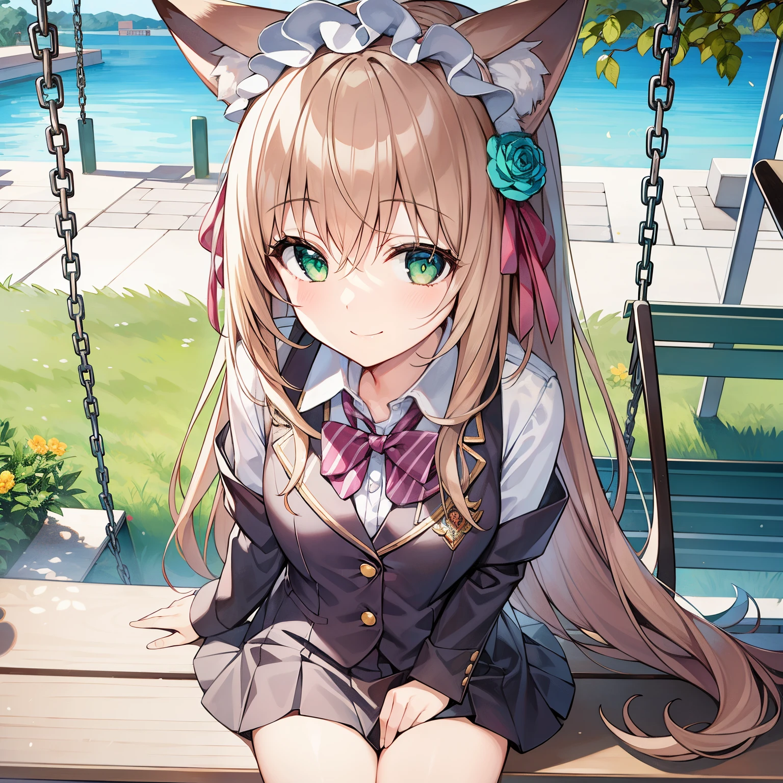 tmasterpiece, Best quality, A high resolution), 1 girl, Alone, Oversized fox tail,Long brown hair,Green-eyed,Small flower headdress, (13-year-old junior high school student),modernn architecture,A MILF,at park_sitting on a swing,After school in the afternoon,summer student uniform,ssmile,Middle distance face-to-face perspective,
