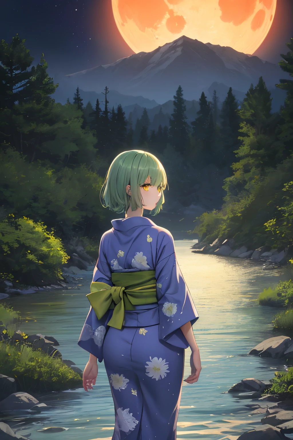 Masterpiece, Best Quality, absurdress, perfect anatomy, 1girl, 独奏, light green hair, Yellow eyes, Medium Hair, yukata, Short Yukata, night time, (DARK SETTING), mountains, water, the trees, Red Moon, Hair Flower, At the back, looking at the side