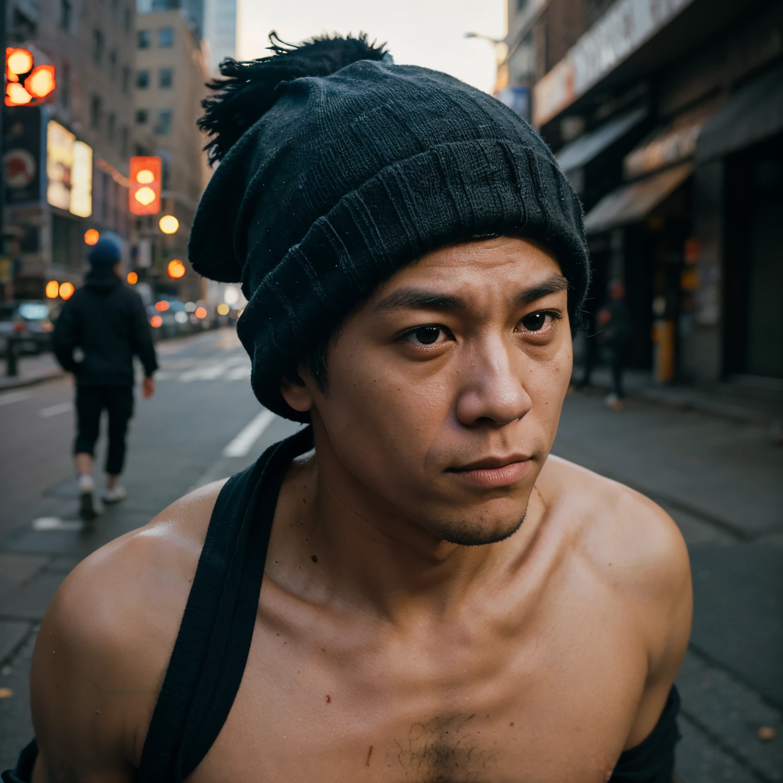 Gojo from Jujutsu Kaisen, fighting, a homless person in rags with a beanie, in New York city, 4k.