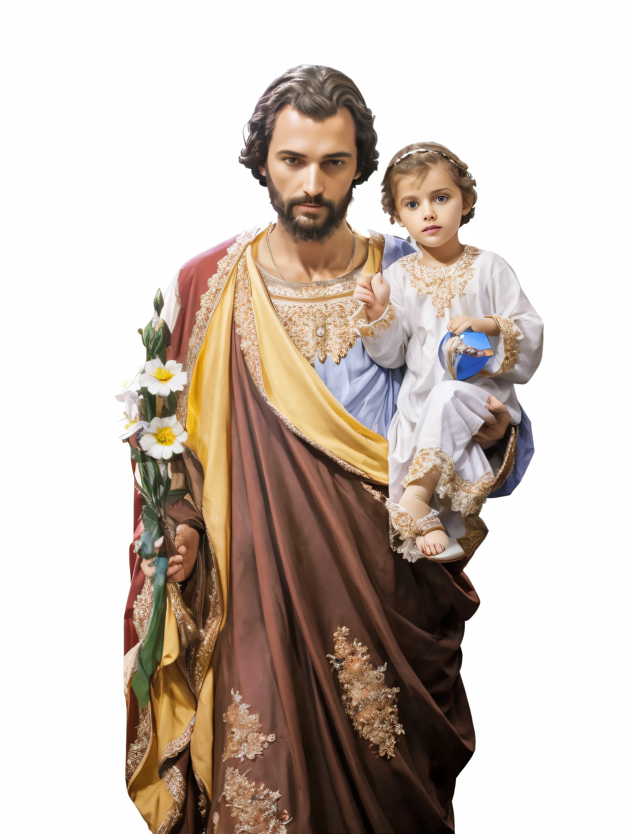 [a man holding a child and a flower, Com o Menino Jesus, orthodox saint christopher, halo do, joseph and joseph, NPC com halo de santo, christian saint, Directed by: George Barret, Jr., Santo ortodoxo, santo, Jesus Gigachad, Catholic, Directed by: Juan O'Gorman,  (Foto RAW, real, melhor qualidade, obra-prima: 1.2), (Hiper realista, realista: 1.2), alta qualidade, (dark ilumination: 1.2), perfect lighting, Lightroom, Filmes 35mm, cinemactic, cores esmaecidas, tiro escuro, cores silenciadas, filme granulado, lute, detalhes insanos, detalhes intrincados, hiperdetalhado, 4k, tecido realista da roupa, hand holding flowers, cabelos realistas com fios, olhar de santo olhando reto