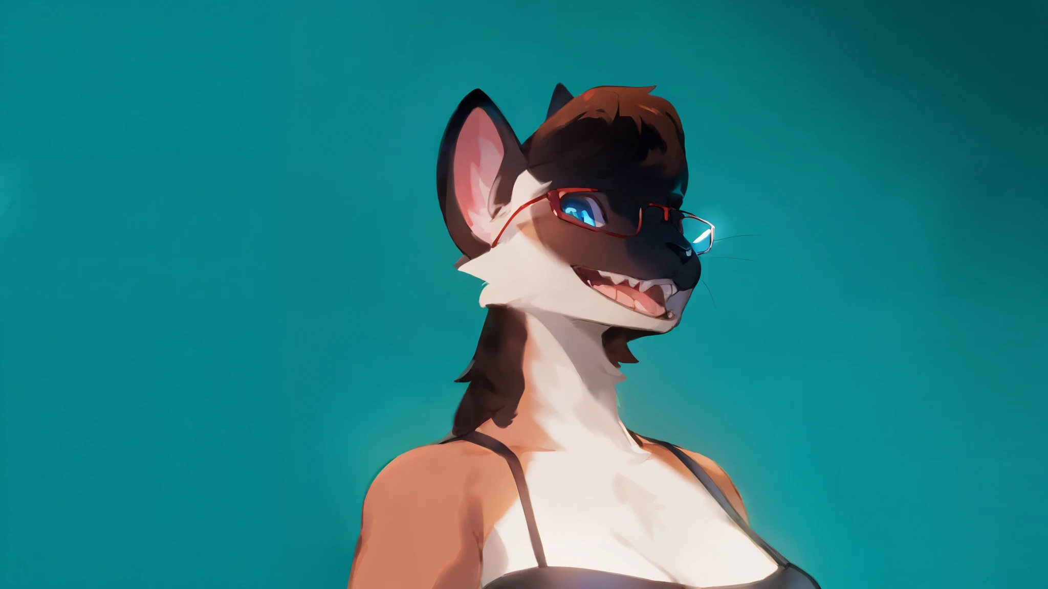 Solo, female, feline, by bebebebebe, toothy smile, ((red glasses)), blue eyes, brown hair, white and brown fur, black bra, pink inner ears, black nose, domestic cat, open mouth