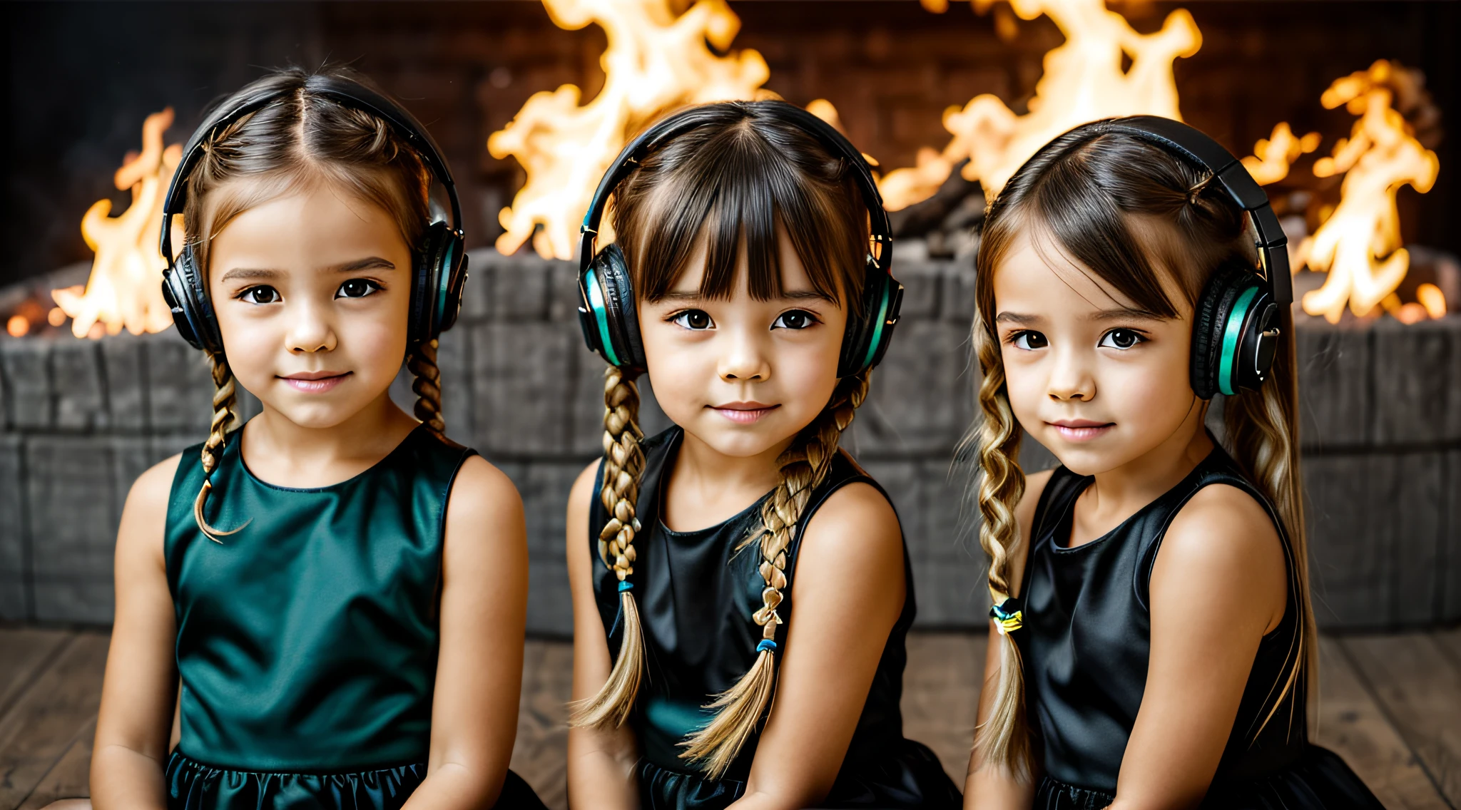 two KIDS BLONDE GOLD girls LONG HAIR BRAIDS with bows on their heads and one wearing a BLACK dress, HEADPHONES FIRE AND FIRE. GREEN smoke GREEN billowing, gemini twins portrait, faixa de cabelo AMARELO,
