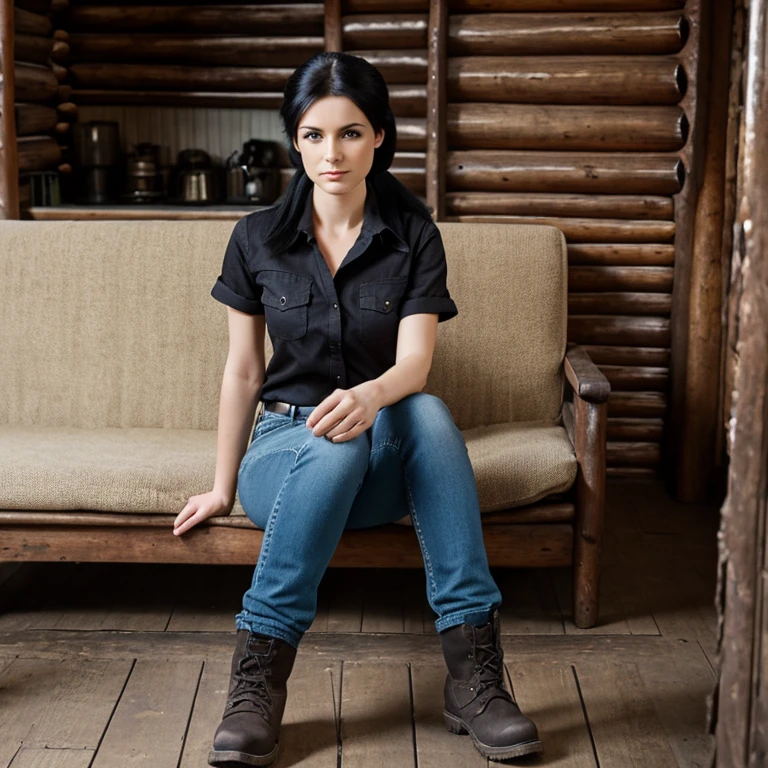 realistic photograph, French woman, beautiful woman, Solo, pale skin, dark eyes, long black hair, ponytail, jeans and work shirt, work boots, in forest cabin, sitting on couch