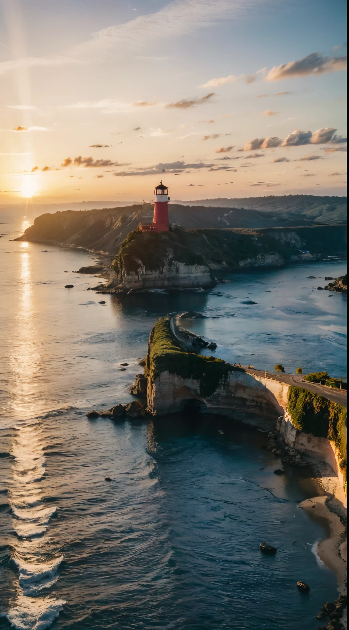 A beautiful sunset over the ocean,Crimson and gold clouds reflecting in the water.....,silueta de un faro en la distancia,Olas suaves rompiendo en la orilla,Gaviotas volando en el cielo,Colores y matices impresionantes,pintura,ultra detallado,pinceladas suaves,Impresionismo,vibrante, Warm color palette,natural sunlight and warm golden hour lighting.