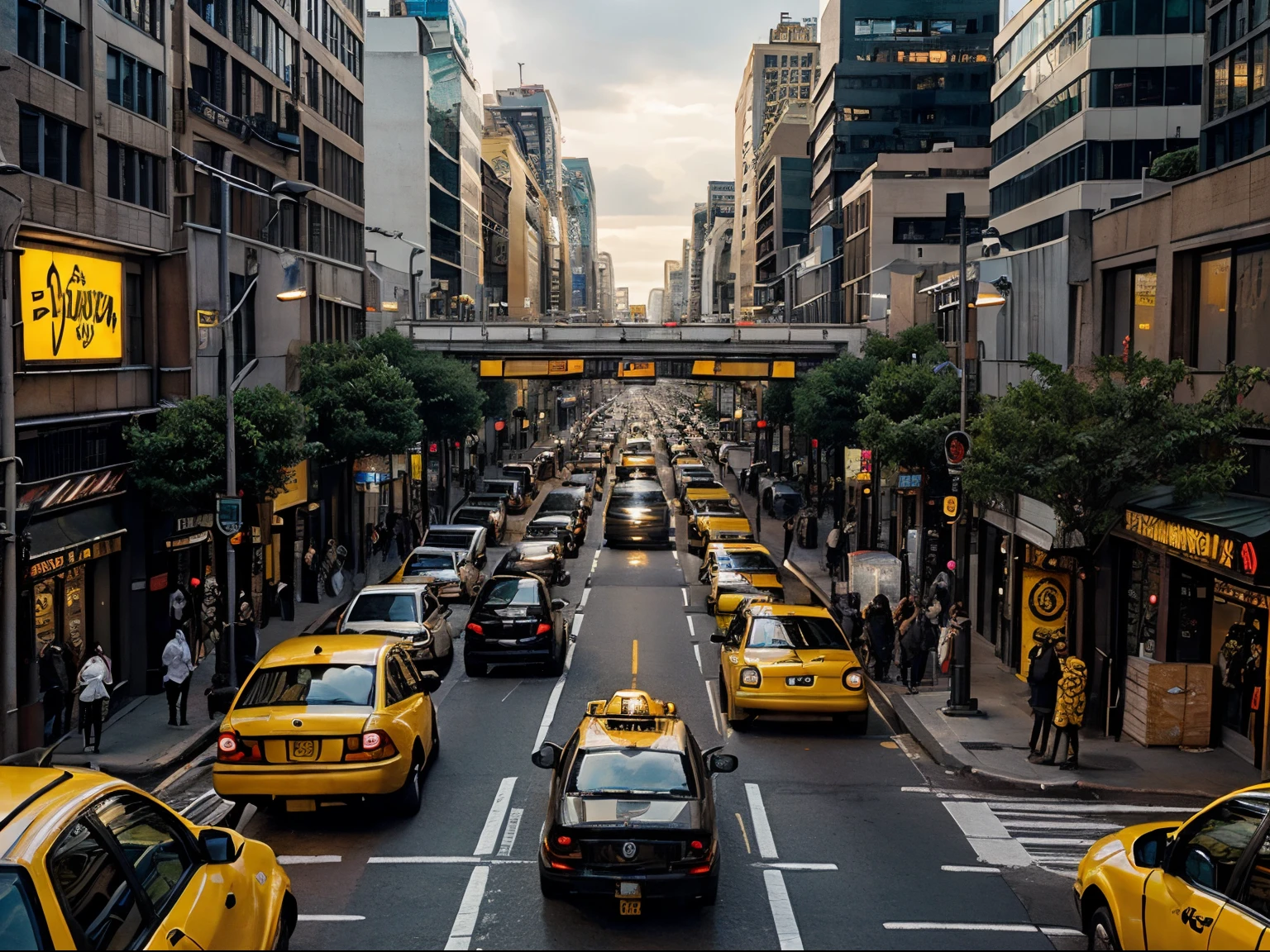 A bustling urban street scene at rush hour in a huge in a continuous, single-shot setting, echoing the visual style of Birdman, featuring yellow taxi cabs, style raw