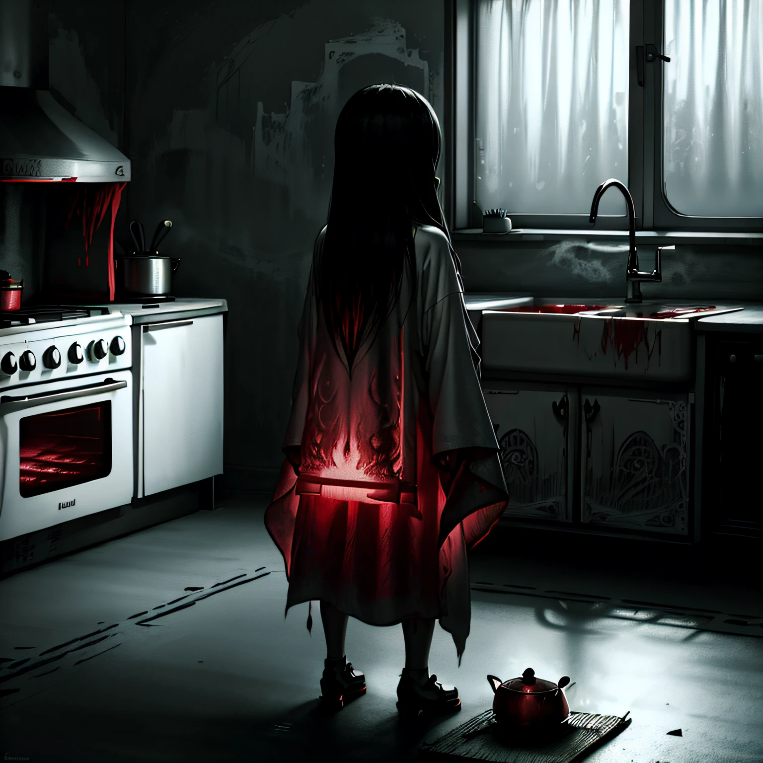 1girl, Sadako in white kimono, straight black long hair, (Sadako holds a toaster oven and looks up at viewer), (drawn in black and white except for red: 1.3), kitchen decorated with saws and machetes and hammers, nice kitchen with red paint splattered on the walls, a dimly lit kitchen that feels like a ghost might appear, a nifty kitchen with red painted shirts on the floor, Japanese old kitchen, volumetric fog:1.3