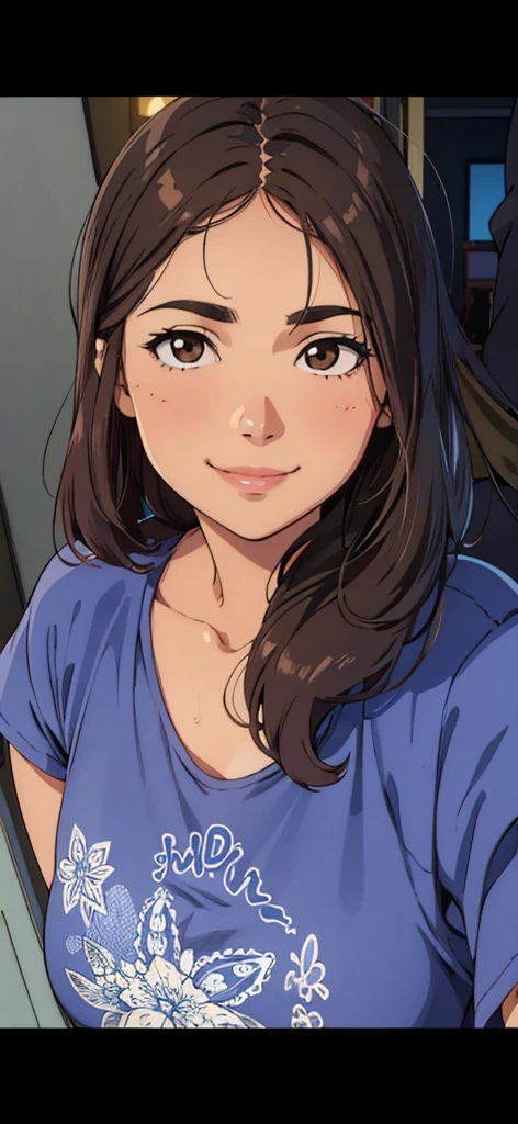Girl, hair, brown eyes, blue shirt, soft smiling. Perfect smile. HD, clear picture. Round face. Tanned skin