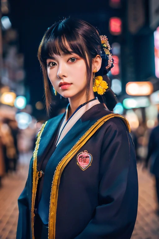 Beautiful woman with gal makeup in uniform in the bustling streets of Gintama, Surrounded by vendors, Beautiful portrait of a stunning goddess girl, beautifull detailed face, Porcelain Skin, Half body shot, Centered,(Black High,Navel:1.2),((Moonlight,Night,Big neon,Strong neon lighting,Rim lighting,two tone lighting))),