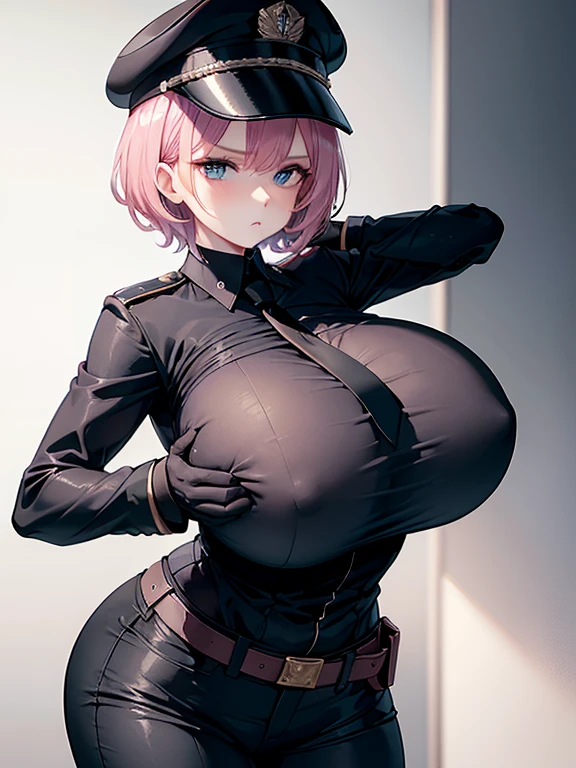 Woman with huge boobs, narrow waist, wide hips, military uniform, open black jacket, white shirt, necktie, short hair, pink hair, blue eyes, frown, black gloves, belt, black pants, military peaked cap.