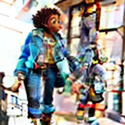 a black girl both blue jeans puffer jacket with brown belly shirt with belly showing, slim stomach, curly hair and white slides