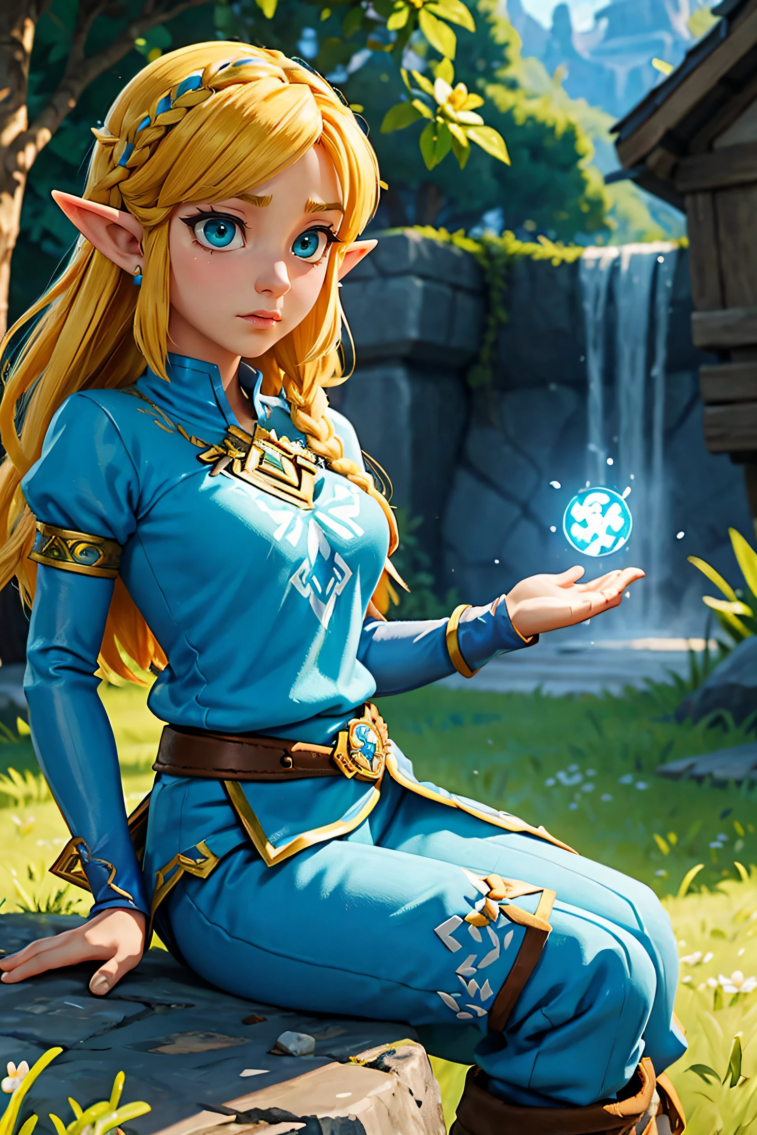 Princess Zelda, 1个Giant Breast Girl, artist request, obi strip, Blonde hair, Blue shirt, nerds, boots, face expressionless, full bodyesbian, green-eyed, A high resolution, looking at viewert, magia, Nintendo, trouser, pointy ears, The shirt, short detailed hair, simple backgound, Alone, Legend of Zelda, Legend of Zelda: Breath of the wild, Legend of Zelda: kingdom of tears, flower made of light, magia