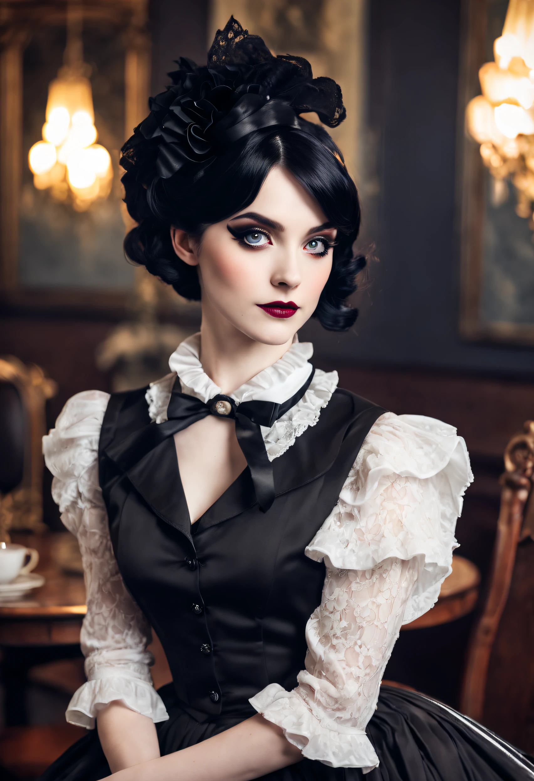 A person exudes a gothic charm with jet-black hair in a wavy bob. Their fair skin contrasts with bold, smoky eyes. Adorned in a Victorian lace-collared blouse, ruffles at the cuffs, and a black fitted vest, they carry an air of vintage elegance.standing and lifting up skirt, the ambiance is antique, evoking an early 20th-century tea room's refined grace her outfit is styled like a maid outfit, character portrait inspired by Vincent Lefevre, tumblr, renaissance, anna nikonova aka newmilky, leeloo outfit, amouranth, anime girl cosplay, elegant glamourous cosplay, amouranth as a super villain, cosplay photo
