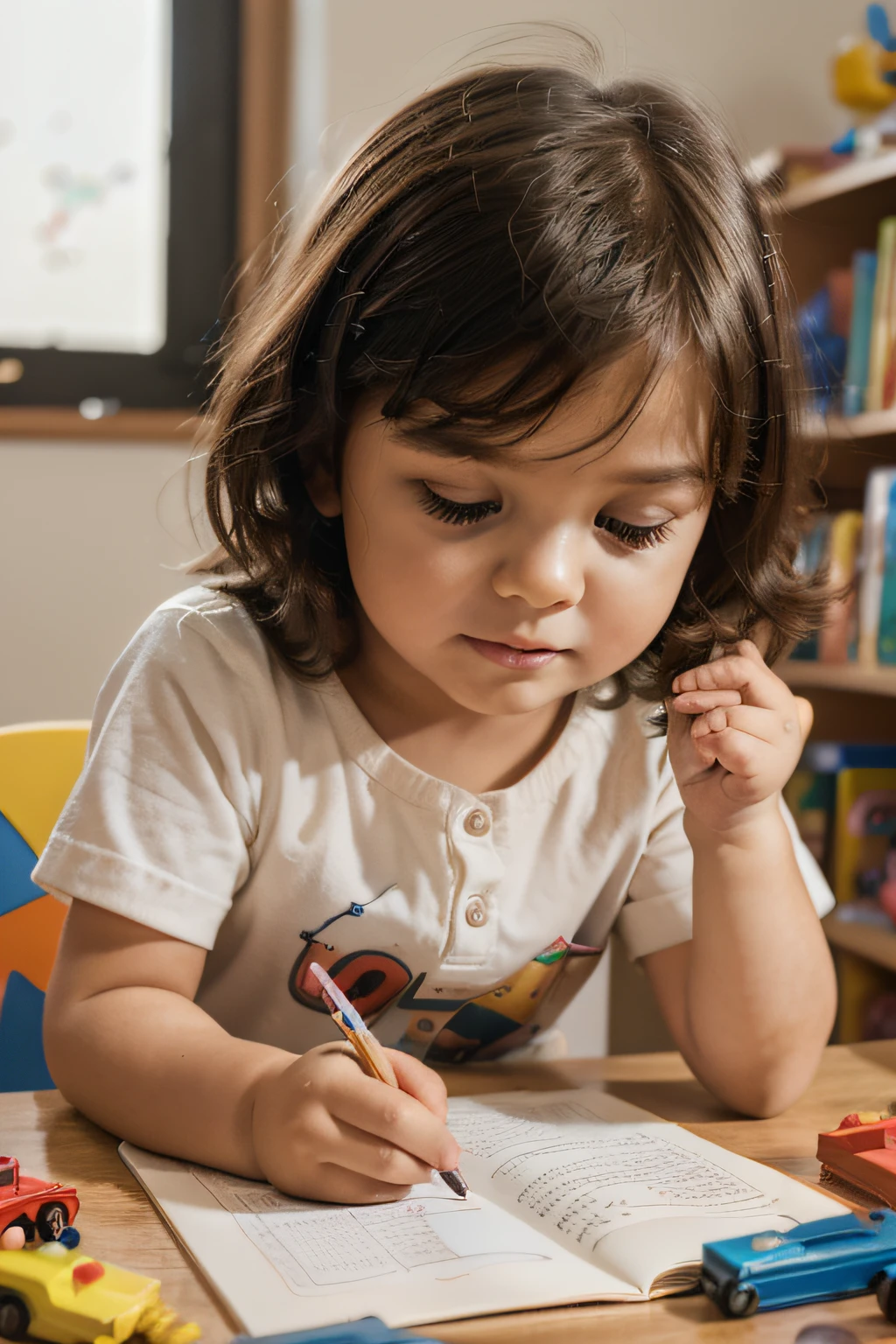 (((Curious Child's Exploration)))
Subject: A curious child immersed in hands-on learning, surrounded by educational toys, colorful books, and interactive tools that spark curiosity and discovery.
Type of Image: Digital illustration.
Art Styles: Playful, educational.
Art Inspirations: Explore illustrations from educational materials for young children.
Camera: Close-up shot.
Shot: Capturing the child's expressions of wonder and engagement with the learning environment.
Render Related Information: High resolution (4K), detailed, with soft and natural lighting.

Camera Shot Type: Close-up
Camera Lens: 50mm
View: Front