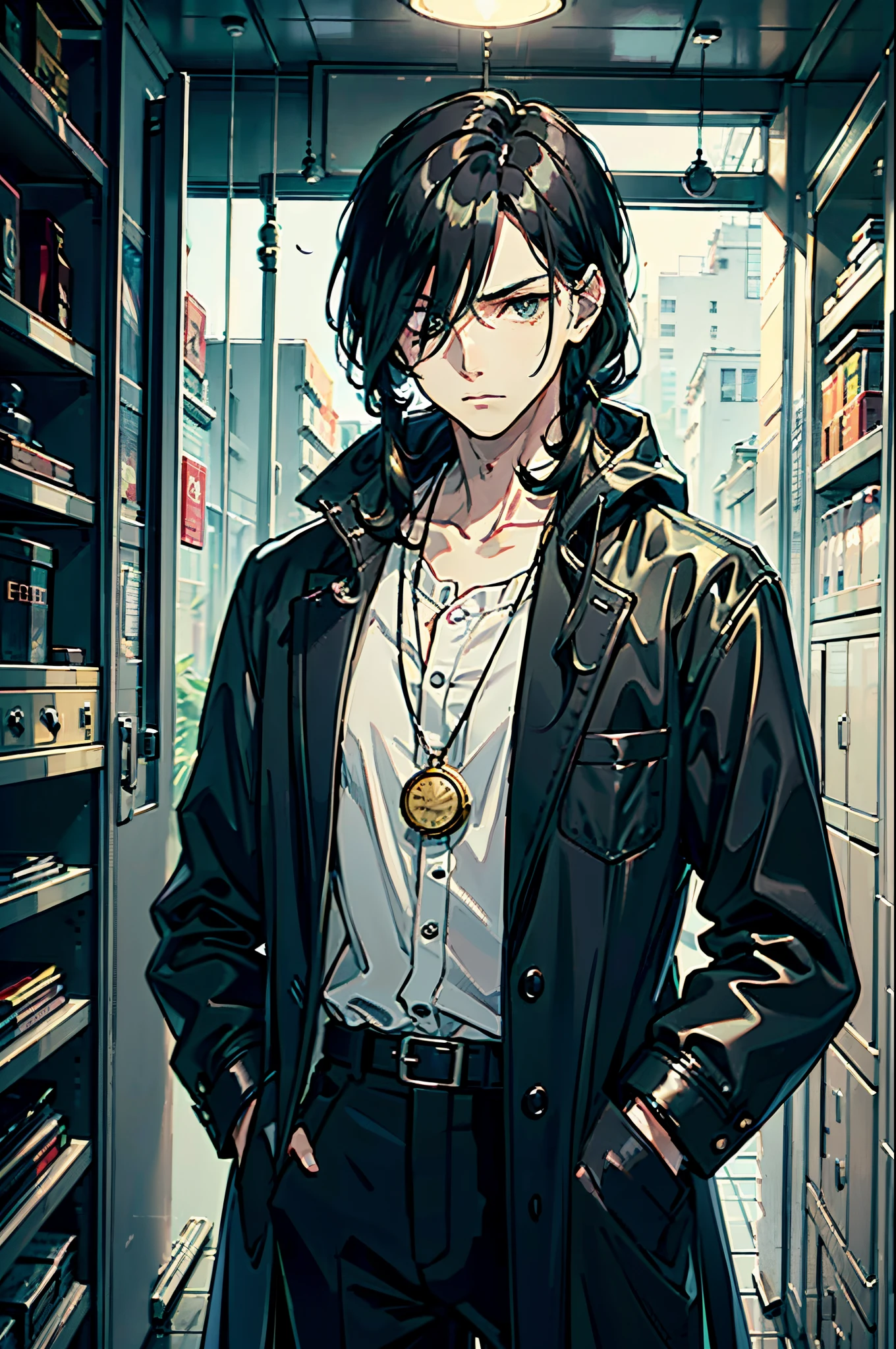 young man, long black hair, a lock of gray hair, pale face, classic suit, pocket watch, black leather raincoat, cruel look, energy aura, one eye
