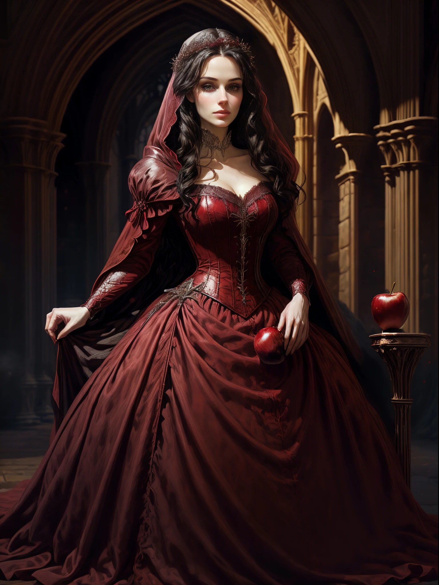 ((Very beautiful woman)) in red (medieval) dress holding an apple, masterpiece, Portrait of Arwen, Portrait of Snow White, Medieval princess, Anthem of the King, as a princess, Snow White as a D&D slayer, Snow White as a medieval fantasy character, in red gilded clothes, in medieval clothes, in beautiful red dress, long beautiful dark hair, beautiful , correct 