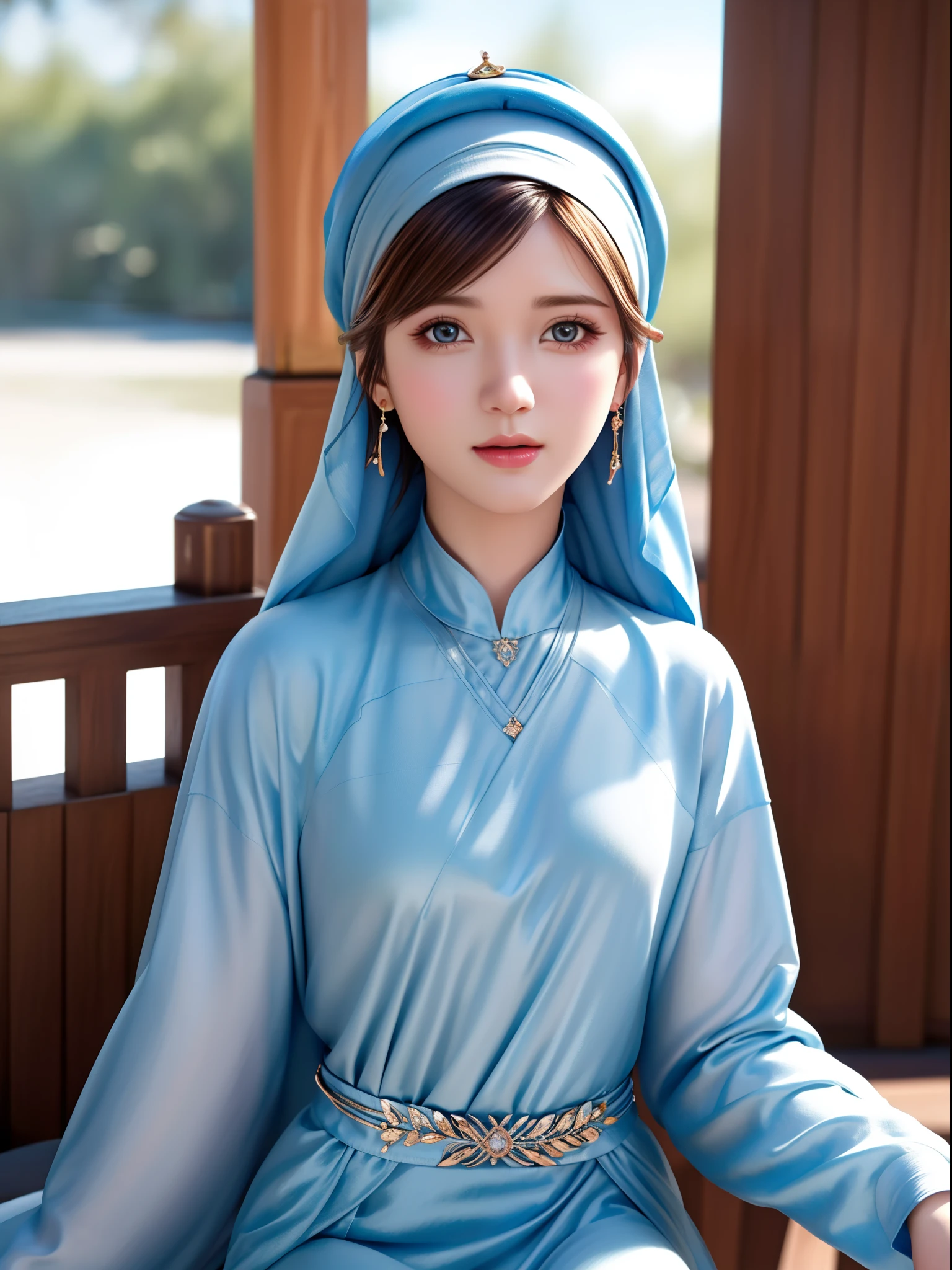 1girl, solo, beautiful face, high detailed realistic eyes, double eyelids, high detailed realistic pupils, upon body from head to waist, (wearing hijab:1.37), (moslem headscarf:1.37), reading glasses, sitting alone on a long chair, amazing mosque park background, taj mahal, best quality, masterpiece, highres, moslem female dress, Beautiful face, (upon body from head to waist:1.35), tyndall effect, photorealistic, dark studio, two tone lighting, 8k uhd, dslr, soft lighting, high quality, volumetric lighting, candid, Photograph, high resolution, 4k, 8k, Bokeh, (hyperrealistic girl), (illustration), (high resolution), (extremely detailed), (best illustration), (beautiful detailed eyes), (best quality), (ultra-detailed), (masterpiece), (wallpaper), (photorealistic), (natural light), (rim lighting), (detailed face), (high detailed realistic skin face texture), (anatomically correct), (heterochromic eyes), (detailed eyes), (sparkling eyes), (dynamic pose), hair completely covered by the hijab