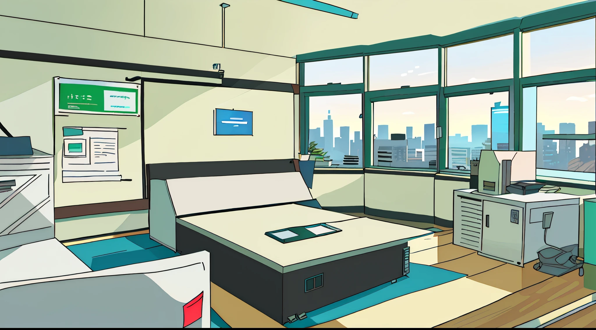a modern, spacious office with floor-to-ceiling windows, sleek glass desks, comfortable ergonomic chairs, and a panoramic city view. [bright natural lighting],[open-concept layout],[clean and minimalist design] give a sense of professionalism and efficiency. (best quality, highres, realistic), [neutral color palette] with pops of [vibrant accent colors] create a modern and stylish atmosphere. [Indoor plants] add freshness and bring nature into the office. The office is equipped with [state-of-the-art technology], including large screens, projectors, and high-speed internet. The walls are adorned with [inspirational artwork] and [motivational quotes], creating a positive and inspiring work environment. The room is well-organized, with [ample storage space] and [organized workstations]. The atmosphere is [busy and productive], with employees focused on their tasks. The office is located in a [skyscraper] downtown, adding to the urban and professional vibe. The [cityscape] outside the windows offers a breathtaking view and adds a sense of energy to the space.