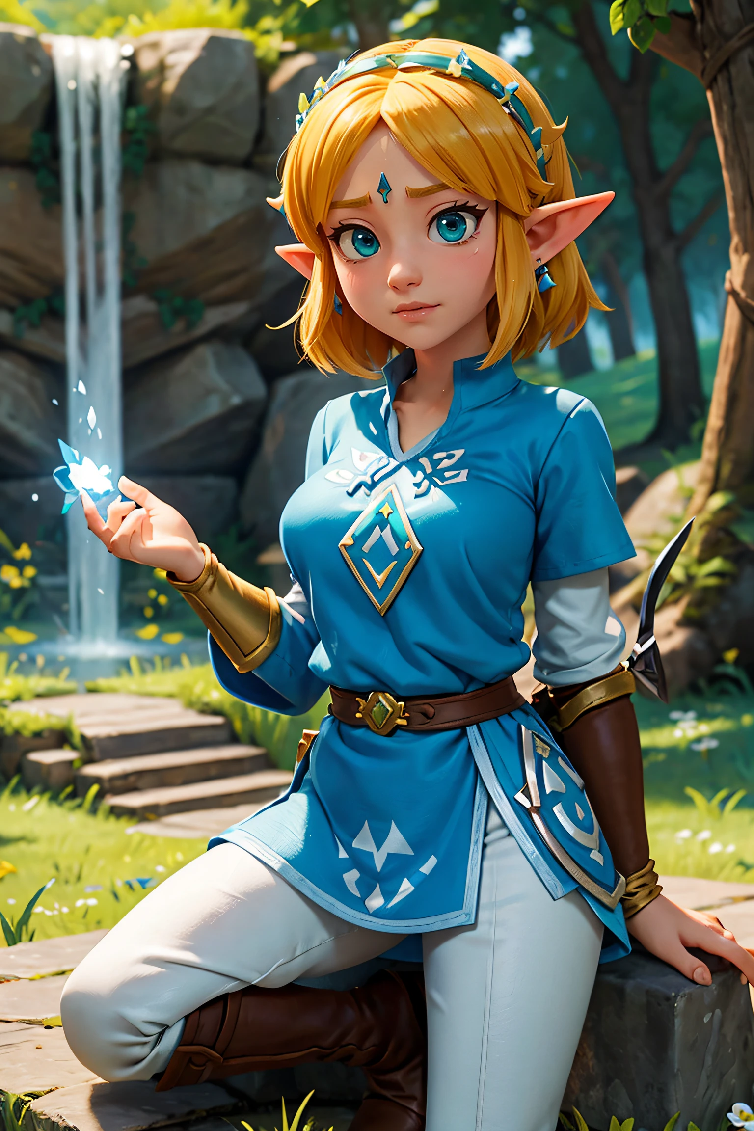Princess Zelda, 1个Giant Breast Girl, artist request, obi strip, Blonde hair, Blue shirt, nerds, boots, face expressionless, full bodyesbian, green-eyed, A high resolution, looking at viewert, magia, Nintendo, trouser, pointy ears, The shirt, short detailed hair, simple backgound, Alone, Legend of Zelda, Legend of Zelda: Breath of the wild, Legend of Zelda: kingdom of tears, flower made of light, magia