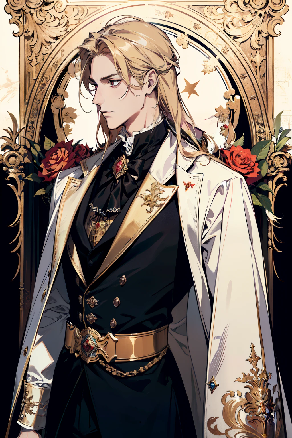 (absurdres, highres, ultra detailed), 1 male, adult, handsome, tall muscular guy, broad shoulders, finely detailed eyes and detailed face, blonde long hair, red eyes, handsome, suit, fantasy, uniform, royal, gothic,, flowers blooming brightly-bloomed flowers, red roses, Sunlight, Fantastic light and shadow, Scenery, portrait (absurd, high resolution, super detailed), 1 male, black eyes, brown hair, scholarly temperament, all black formal wear, Victorian clothing, masterpiece, (absurdres:1.1), best quality, extremely delicate, (beautiful face:1.1), elegant, (great composition), bags under eyes, masterpiece, (absurdres:1.1), best quality, extremely delicate, Victorian era badass anime drawing of a man Regal Victorian era character masterpiece, (absurdres:1.1), best quality, extremely delicate, Victorian era badass anime drawing of a man Regal Victorian era inspired a close up character portrait, [ character design ], demon slayer rui fanart, [[[[grinning evily]]]] natural messy blonde hair Victorian era inspiration Victorian era badass anime drawing of (absurdres, highres, ultra detailed), 1 male, adult, (absurdres, highres, ultra detailed), 1 male, adult, handsome, tall muscular guy, broad shoulders, finely detailed purple eyes and detailed face, long blond hair, large 18th-century baroque mansion, garden, nobleman, aristocratic, elegant, anime, Victorian er a man in a white shirt and black cape, delicate androgynous prince, beautiful androgynous prince, portrait of magical long blond haired Red eyes prince, regal prince, Phoenix 02
(absurd, high resolution, super detailed), 1 male, black eyes, long shoulder length blonde hair, outfit color goldered and white formal wear, Victorian clothing, white cape, (cold beauty: 1.2), adult, handsome, thin man, broad shoulders, fine eyes and detailed face, god, symbolism, sun visual arts, occult, universal, visual projection, philosophy, iconography, numerology, pop, art, alfonse Mucha main colors gold red white god of the sun