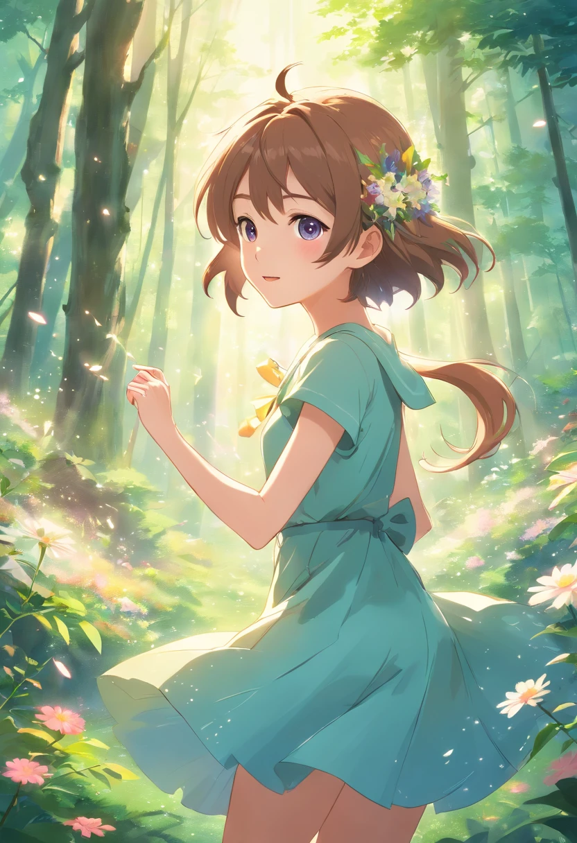 (best quality,4k,highres),ultra-detailed,photorealistic,illustration,portrait,pastel colors,soft lighting, whimsical, magical, enchanting, dreamy atmosphere, ethereal, sparkling fairy dust,forest backdrop, ray of sunlight, dancing amidst flowers, delicate floral crown, graceful pose, flowing hair, mystical aura, vibrant and lively scene, woodland creatures, gentle breeze, playful and mischievous expression".