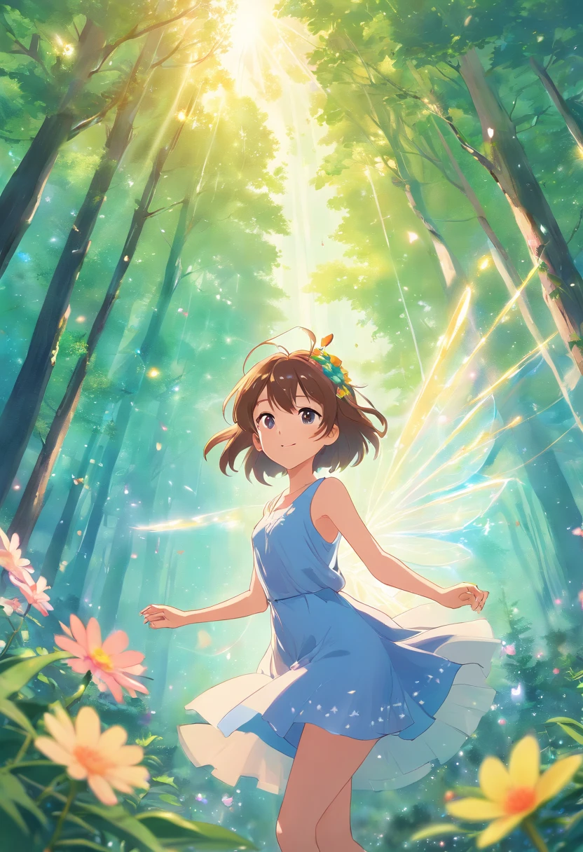 (best quality,4k,highres),ultra-detailed,photorealistic,illustration,portrait,pastel colors,soft lighting, whimsical, magical, enchanting, dreamy atmosphere, ethereal, sparkling fairy dust,forest backdrop, ray of sunlight, dancing amidst flowers, delicate floral crown, graceful pose, flowing hair, mystical aura, vibrant and lively scene, woodland creatures, gentle breeze, playful and mischievous expression".