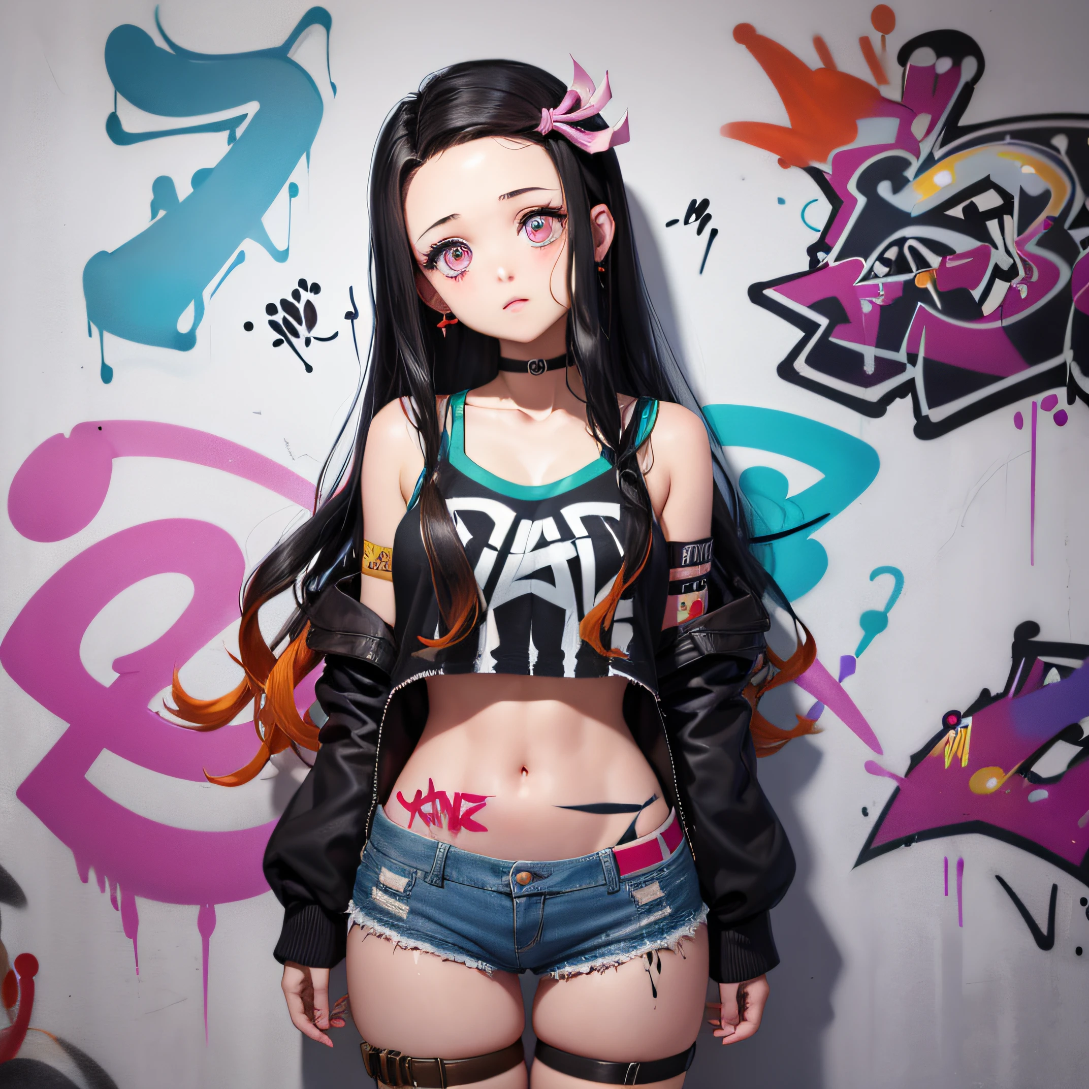 masterpiece, best quality, 1girl, solo, crop top, denim shorts, choker, (graffiti:1.5), paint splatter, arms behind back, against wall, looking at viewer, armband, thigh strap, paint on body, head tilt, bored, multicolored hair, aqua eyes, headset, nezuko kamado