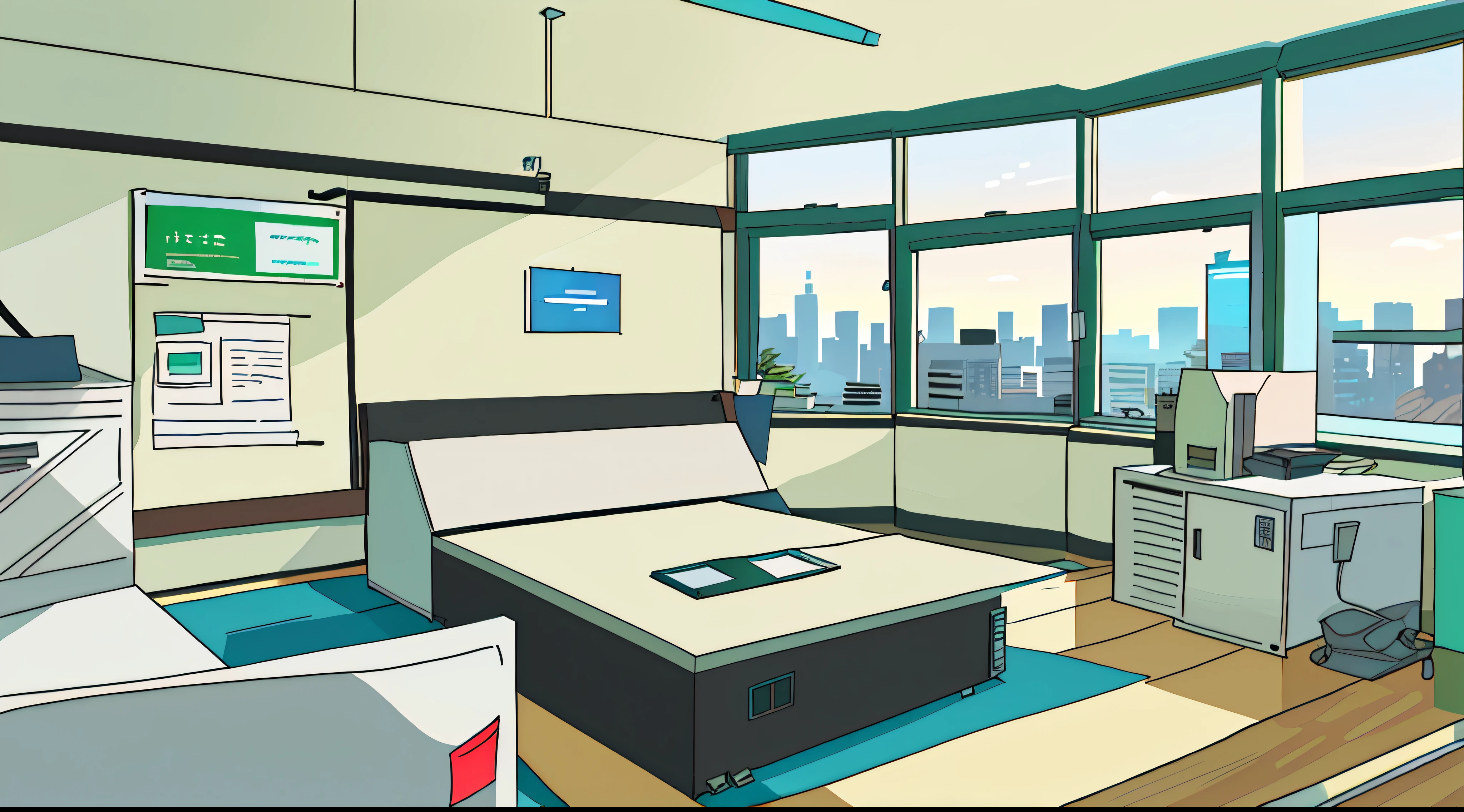 a modern, spacious office with floor-to-ceiling windows, sleek glass desks, comfortable ergonomic chairs, and a panoramic city view. [bright natural lighting],[open-concept layout],[clean and minimalist design] give a sense of professionalism and efficiency. (best quality, highres, realistic), [neutral color palette] with pops of [vibrant accent colors] create a modern and stylish atmosphere. [Indoor plants] add freshness and bring nature into the office. The office is equipped with [state-of-the-art technology], including large screens, projectors, and high-speed internet. The walls are adorned with [inspirational artwork] and [motivational quotes], creating a positive and inspiring work environment. The room is well-organized, with [ample storage space] and [organized workstations]. The atmosphere is [busy and productive], with employees focused on their tasks. The office is located in a [skyscraper] downtown, adding to the urban and professional vibe. The [cityscape] outside the windows offers a breathtaking view and adds a sense of energy to the space.