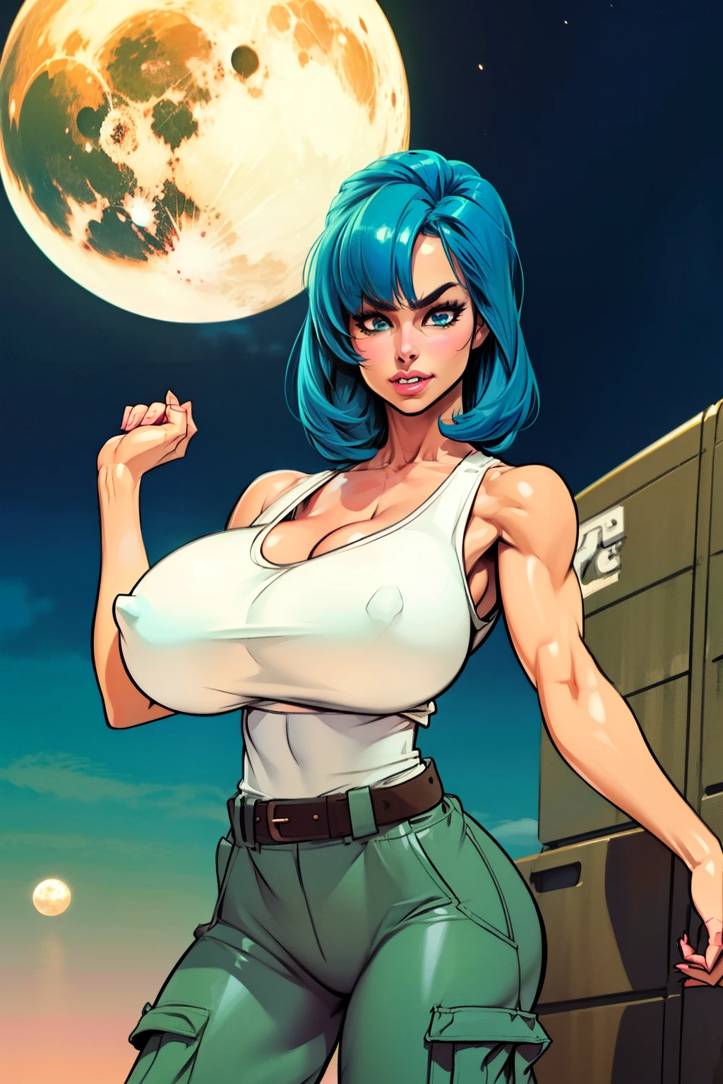 Waifu, masterpiece, curvy, breasts, moon, full moon, gloves, 1girl, clenched teeth, bulma, cleavage, large breasts, teeth, aqua hair, ((white tank top:1.2)), blue eyes, rating:explicit,rule34, hardcore, tits,clenched hands, night, sky, ((brown cargo pants:1.4)),(white skin:1.4), bare shoulders, blue hair, clenched hand, rating:questionable, (((hairtype 4C:1.5))), belt, solo, angry, lip biting(gigantic and massive tits:1.1), breasts, official illustration, illustration, detailed face, beautiful intricate eyes, curvy milf, 1:2), closeup, titsnipples