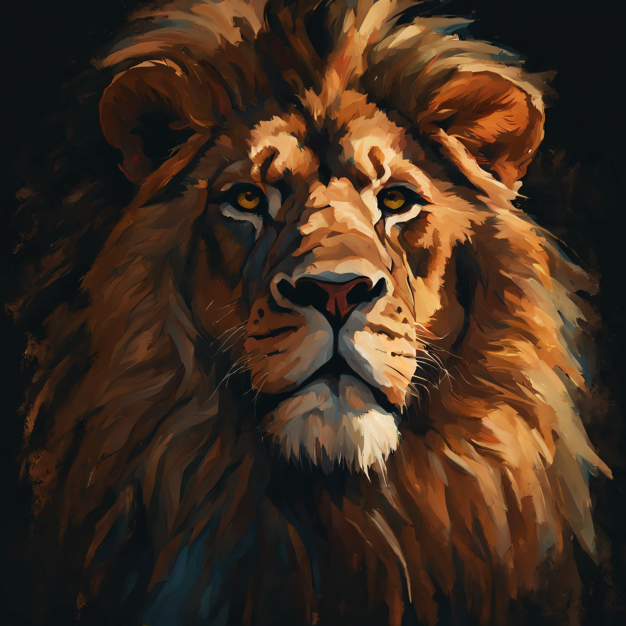 a beautiful lion with a crown on its head, in a standing sovereign position, with a shadowy black background, with a painting style done by Simon Birch, midjourney, 8k.