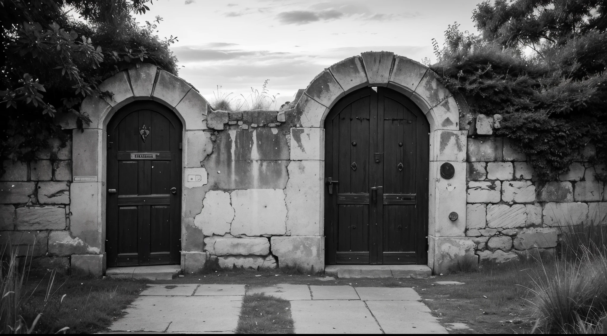 Against the backdrop of a dried field in black and white, there is an open ancient door behind which opens an idealistic picture into a new bright world of cities and nature in color format