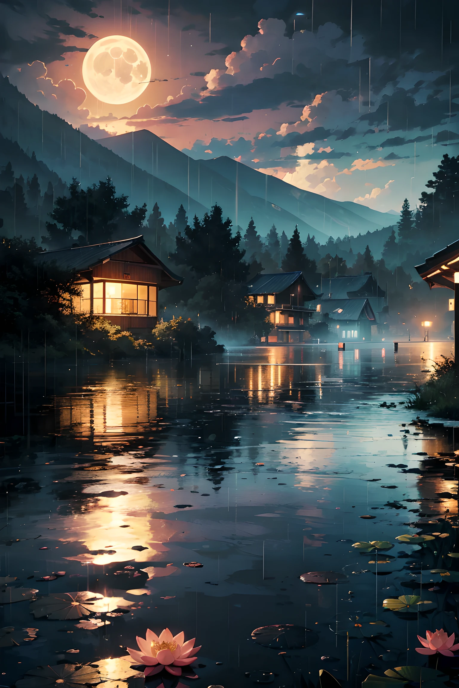 natta, Only moonlight illuminates, Meniscus, mountain in the distance, Beautiful big lotus nearby, Big red lotus, There is running water next to it, frogs, Summer is full of joy, The crescent moon and stars in the sky are mixed together, amazing wallpapers, raining night, rainy night, Beautiful and beautiful, cinematic ligh, high detal ((heavy rain poured))), 8K