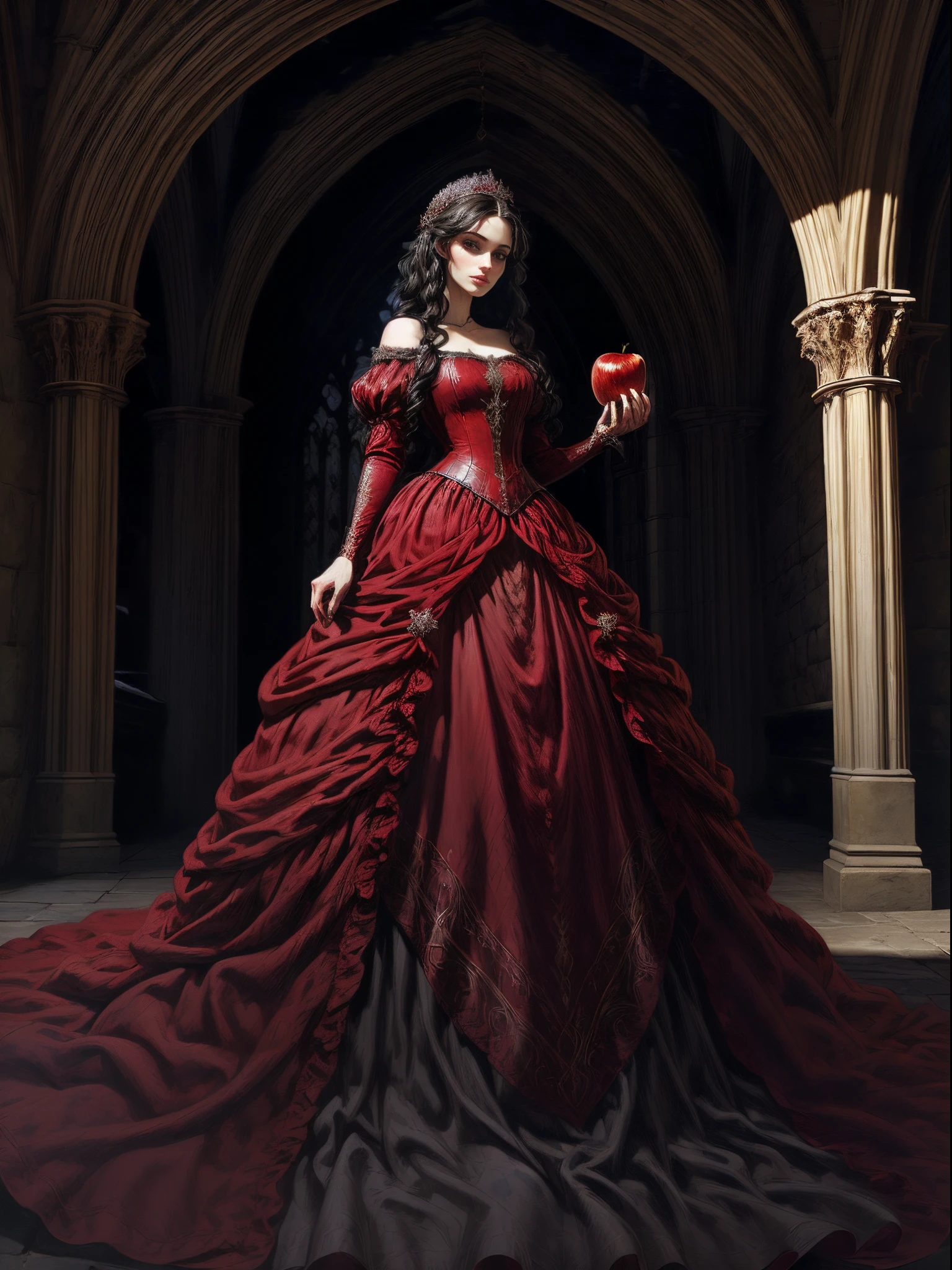 ((Very beautiful woman)) in red (medieval) dress holding an apple, masterpiece, Portrait of Arwen, Portrait of Snow White, Medieval princess, Anthem of the King, as a princess, Snow White as a D&D slayer, Snow White as a medieval fantasy character, in red gilded clothes, in medieval clothes, in beautiful red dress, long beautiful dark hair, beautiful anatomy, correct anatomy