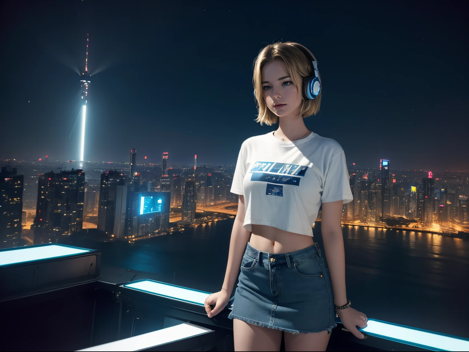 Photo of 18-year-old Emily VanCamp wearing white T shirt and jeans skirt and headphone. navel look. she is on the stage.overlooking a (scifi solarpunk)1.2 city skyline, night, (backlit)1.2, (film grain)1.2, coastal atolls