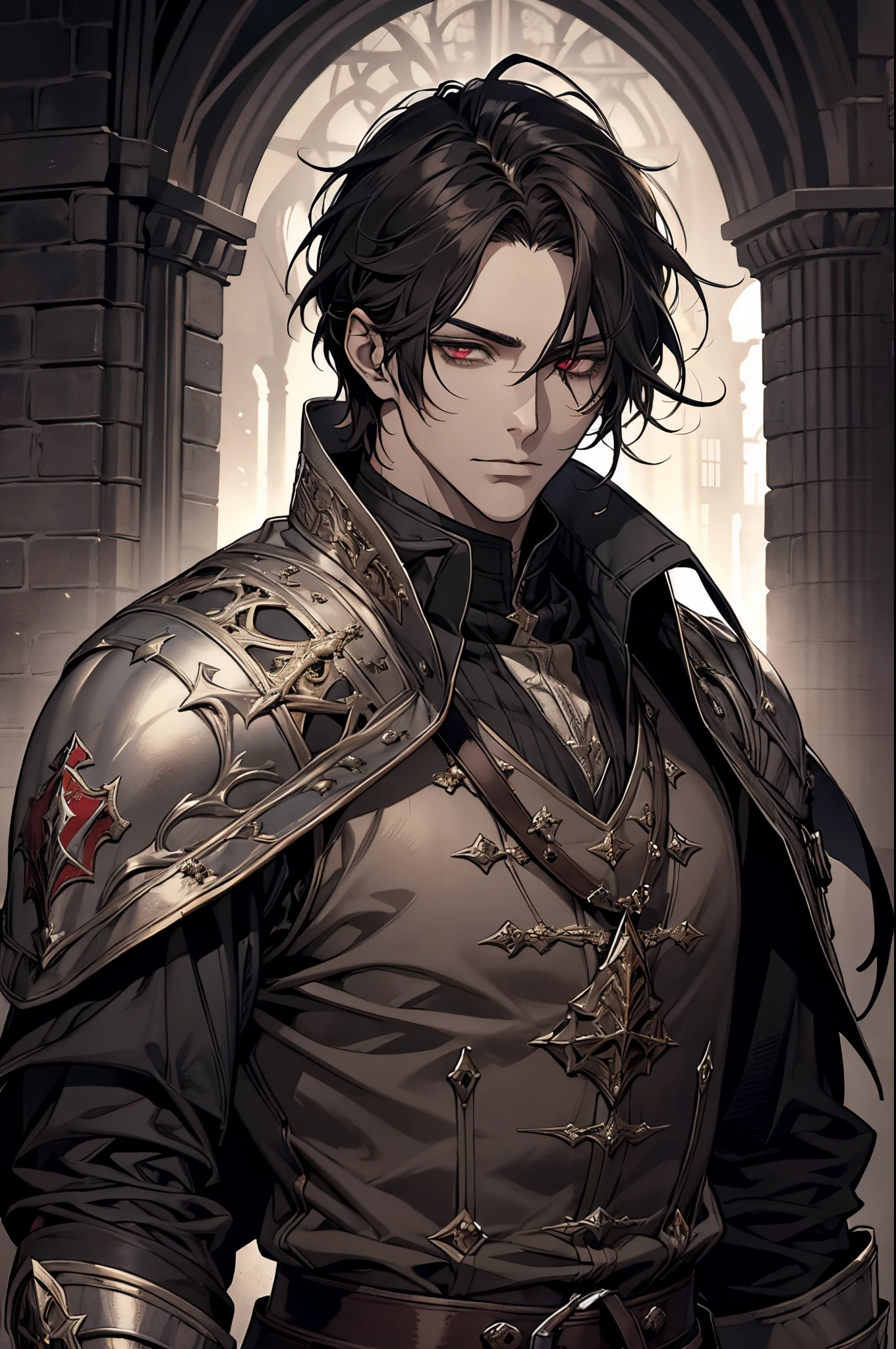 1 male, adult, mature face, beautiful, short tousled black hair, dark red eyes, clear and detailed eyes, handsome, tall, nobility, black clothing, calm, condescending, medieval fantasy, medieval castle background, dark fantasy, (soft coloring, dynamic shading), looking at viewer