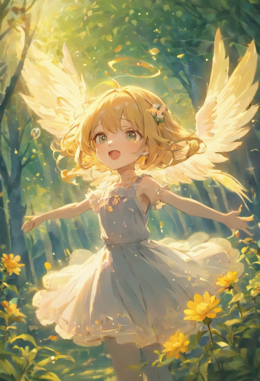 (best quality,4k,highres),ultra-detailed,photorealistic,illustration,portrait,pastel colors,soft lighting, whimsical, magical, enchanting, dreamy atmosphere, ethereal, sparkling fairy dust,forest backdrop, ray of sunlight, dancing amidst flowers, delicate floral crown, graceful pose, flowing hair, mystical aura, vibrant and lively scene, woodland creatures, gentle breeze, playful and mischievous expression".