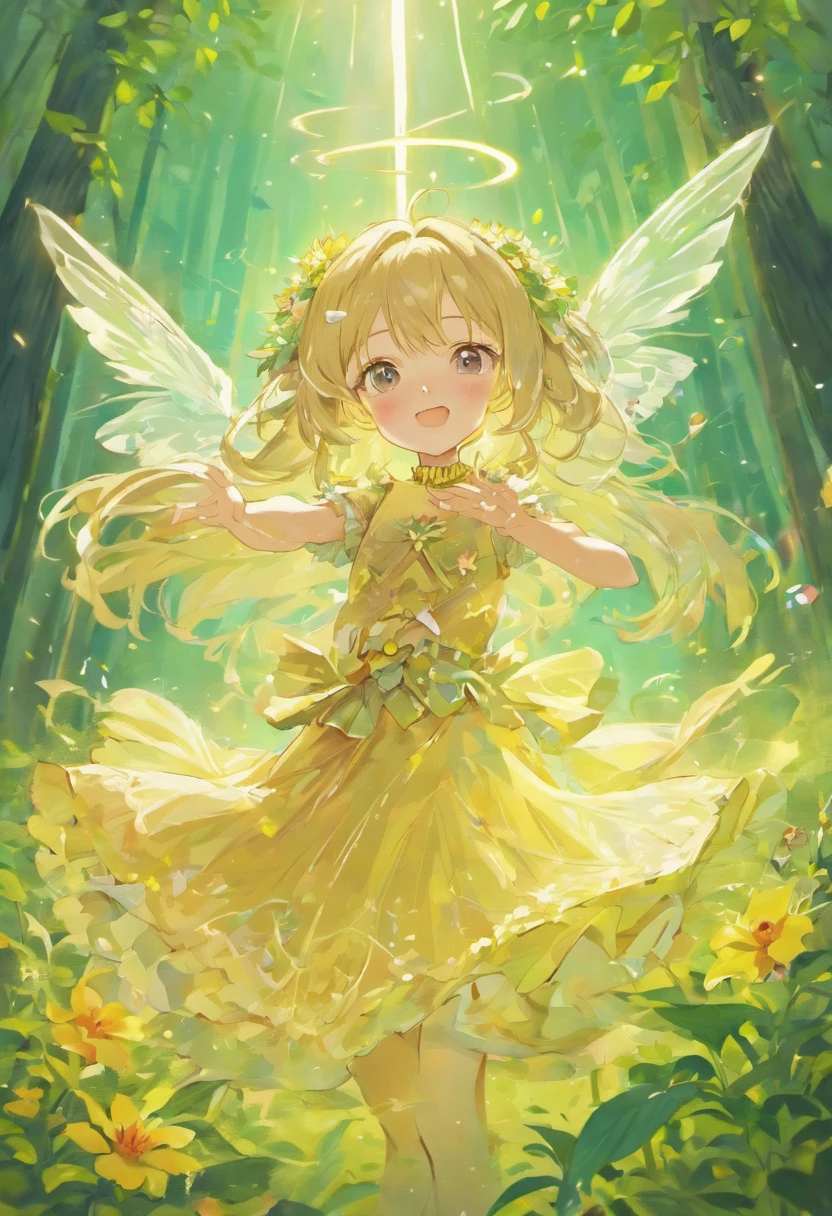 (best quality,4k,highres),ultra-detailed,photorealistic,illustration,portrait,pastel colors,soft lighting, whimsical, magical, enchanting, dreamy atmosphere, ethereal, sparkling fairy dust,forest backdrop, ray of sunlight, dancing amidst flowers, delicate floral crown, graceful pose, flowing hair, mystical aura, vibrant and lively scene, woodland creatures, gentle breeze, playful and mischievous expression".