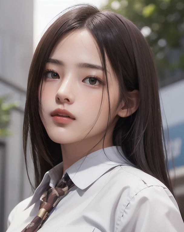 Photorealistic, masutepiece, Best Quality, Raw photo, 1girl in, Solo, Long hair, Brown hair, Detailed face, alluring face, Collared shirt, medium breasts, Dynamic Pose, Looking at Viewer, From below, Detailed background, fine detailed, intricate detailes,  Ray tracing, depth of fields, lowkey, nffsw
