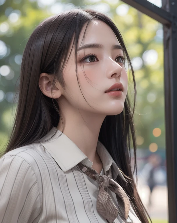 Photorealistic, masutepiece, Best Quality, Raw photo, 1girl in, Solo, Long hair, Brown hair, Detailed face, alluring face, Collared shirt, medium breasts, Dynamic Pose, Looking at Viewer, From below, Detailed background, fine detailed, intricate detailes,  Ray tracing, depth of fields, lowkey, nffsw