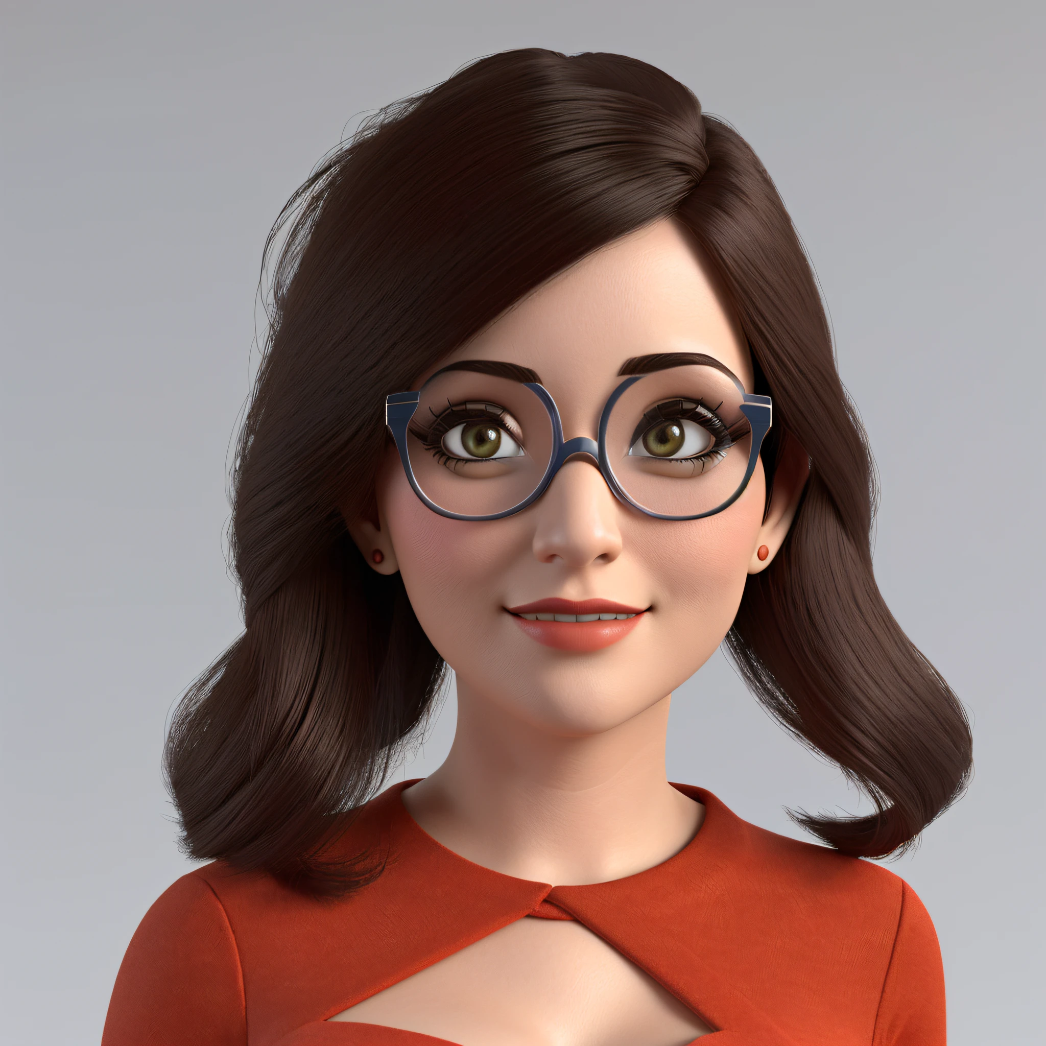 Estilo Pixar: uma mulher adulta, morena, de cabelos curtos enrolados, bespectacled, 3D,Disney, white background